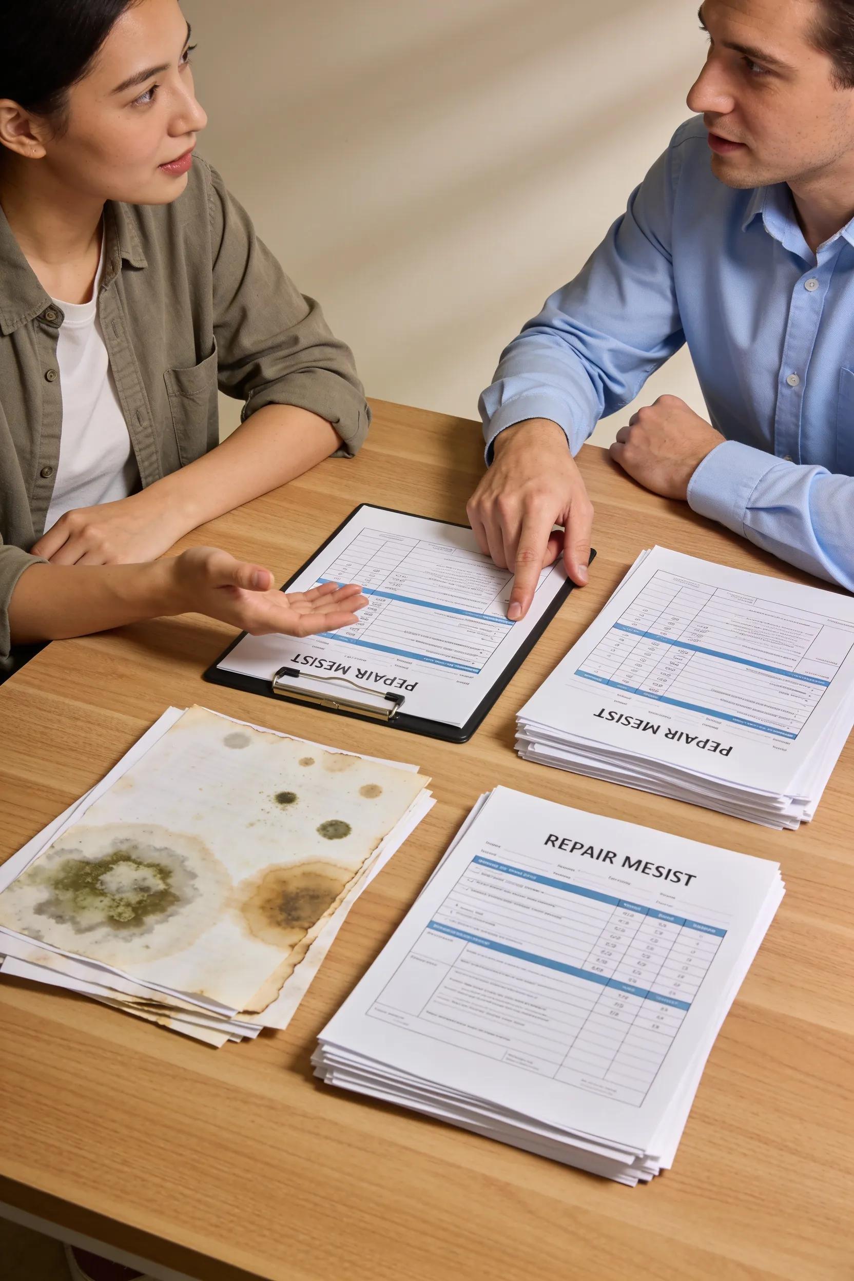 Customer consulting with restoration expert for assistance with water damage insurance claims