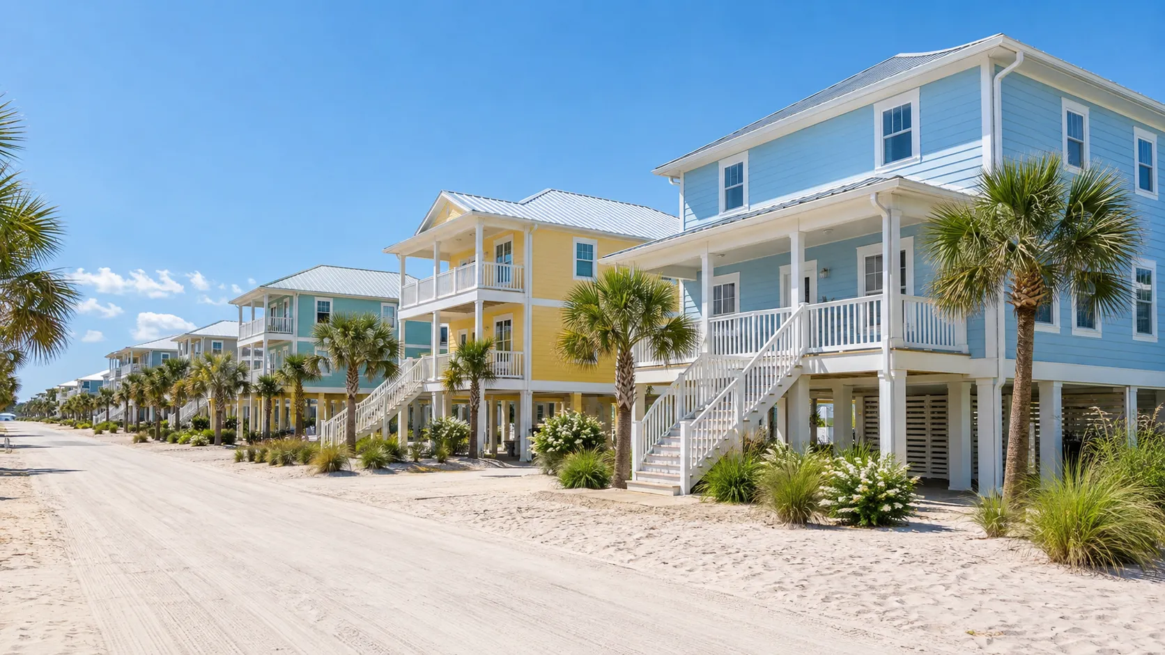 Row of coastal rental homes in Ocean City with seamless gutters