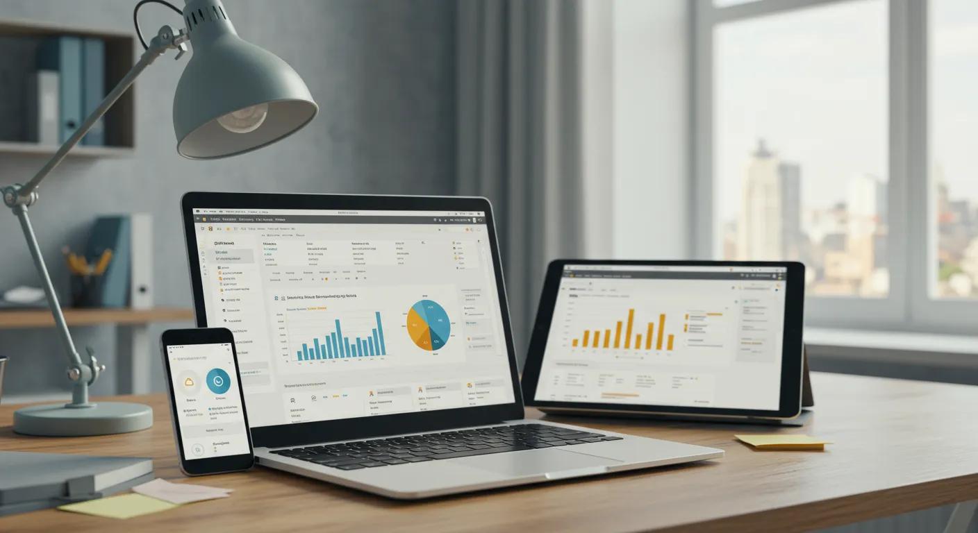 Modern workspace with cloud accounting software on a laptop and mobile devices