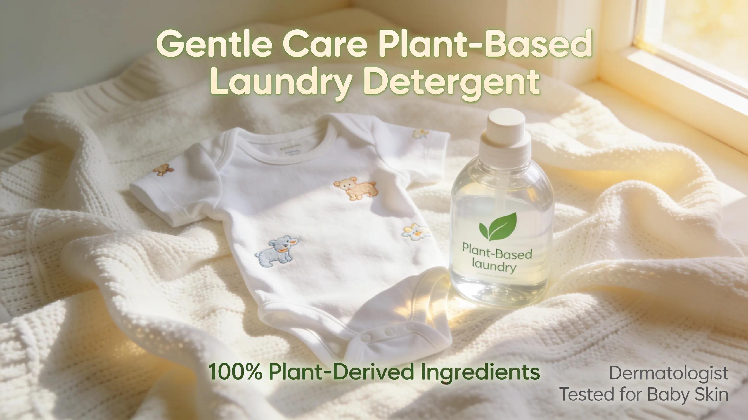 Baby clothes and plant-based laundry detergent representing gentle laundry solutions for newborns