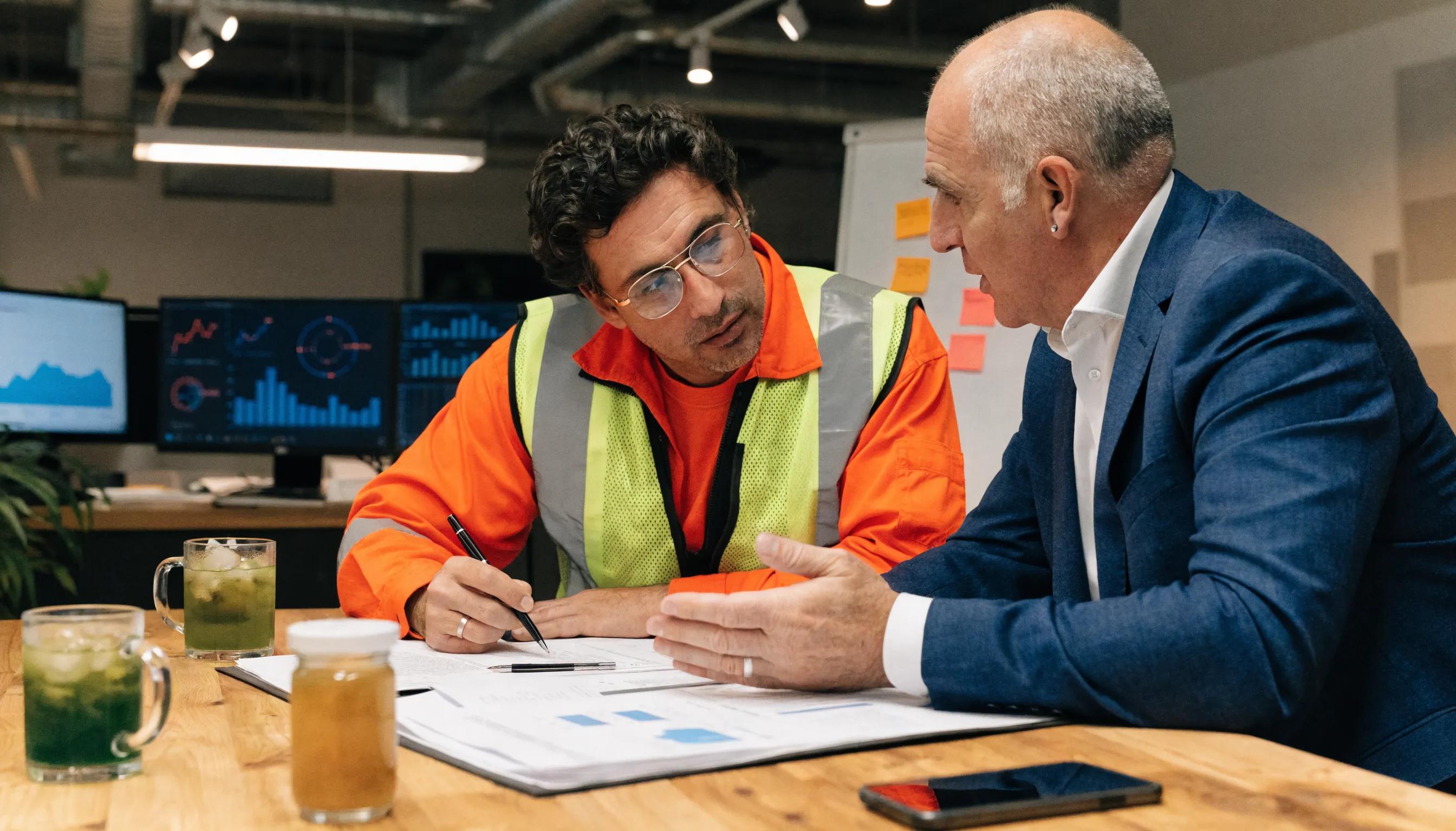 Contractor and advisor reviewing a financial plan for a construction business