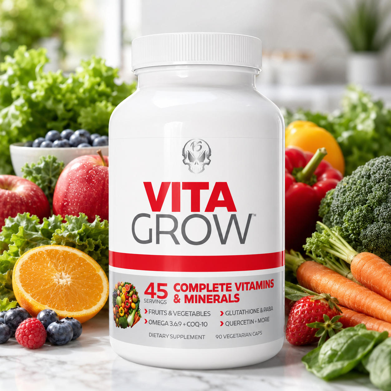 VITA-GROW performance multivitamins with fruits and energy bars, highlighting endurance and athletic performance