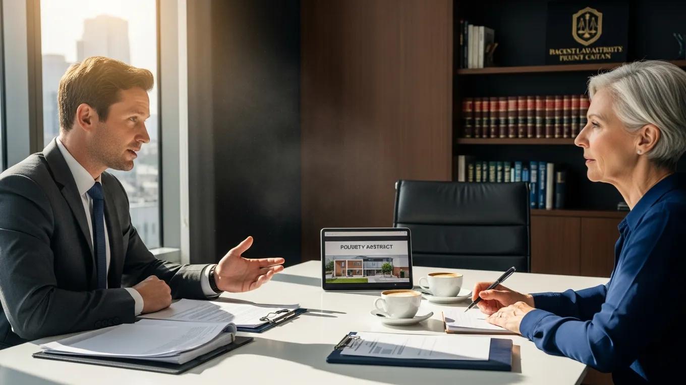 Legal professional discussing title remedies with a client in a law office