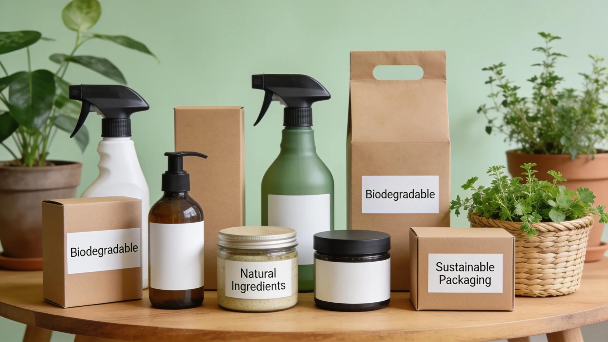 A collection of eco-friendly cleaning products displayed in a bright setting highlighting sustainability