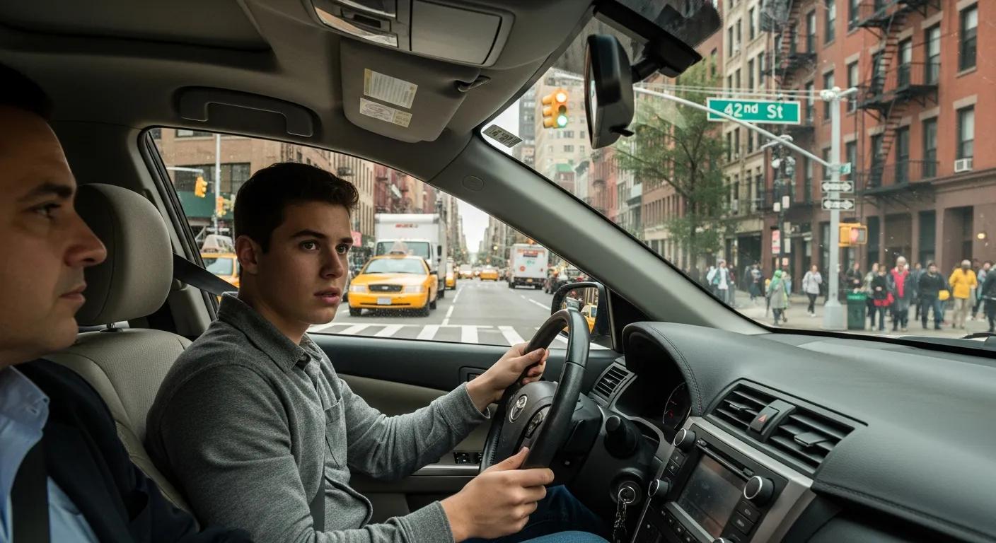 Student practicing for a road test with an instructor in a busy NYC street