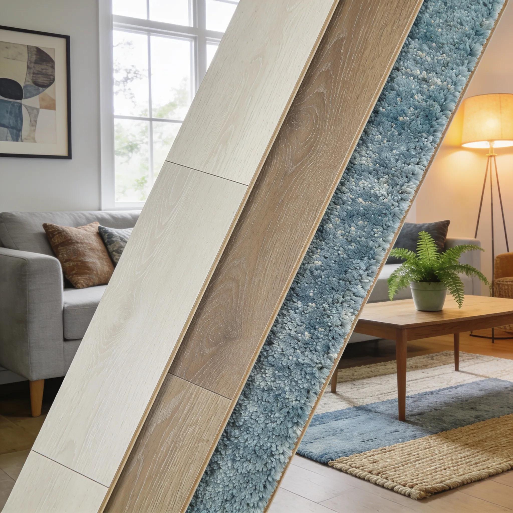 Various flooring types showcased in a modern living space emphasizing durability and design options