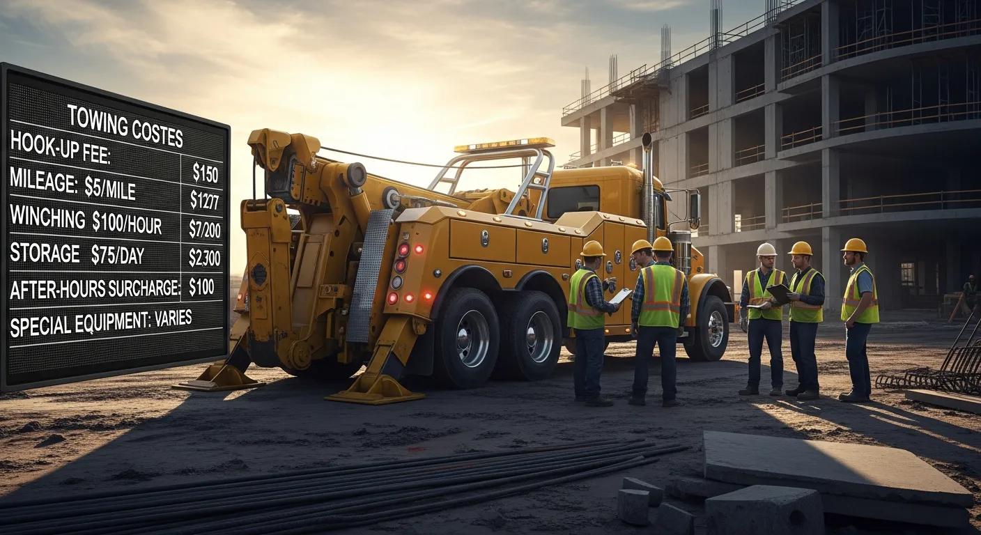 Heavy-duty tow truck at a construction site, representing costs and pricing factors in towing services