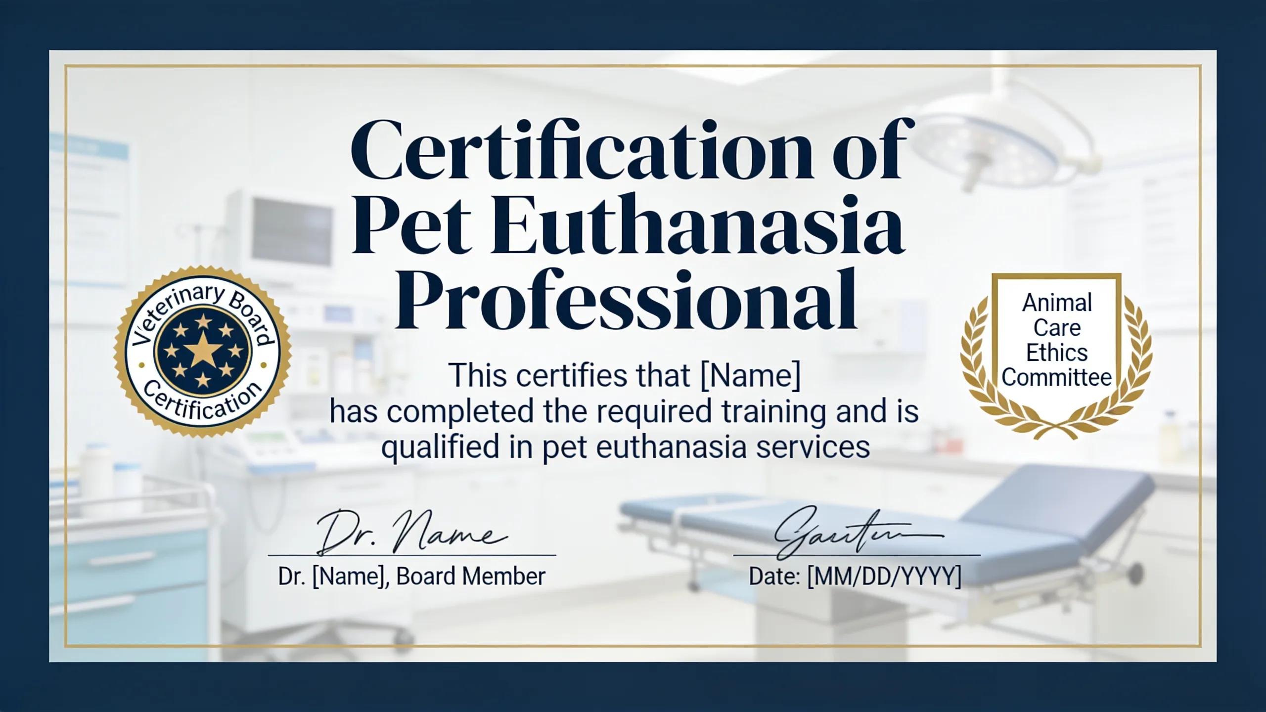 Certification showcasing pet euthanasia professional qualifications in a veterinary setting