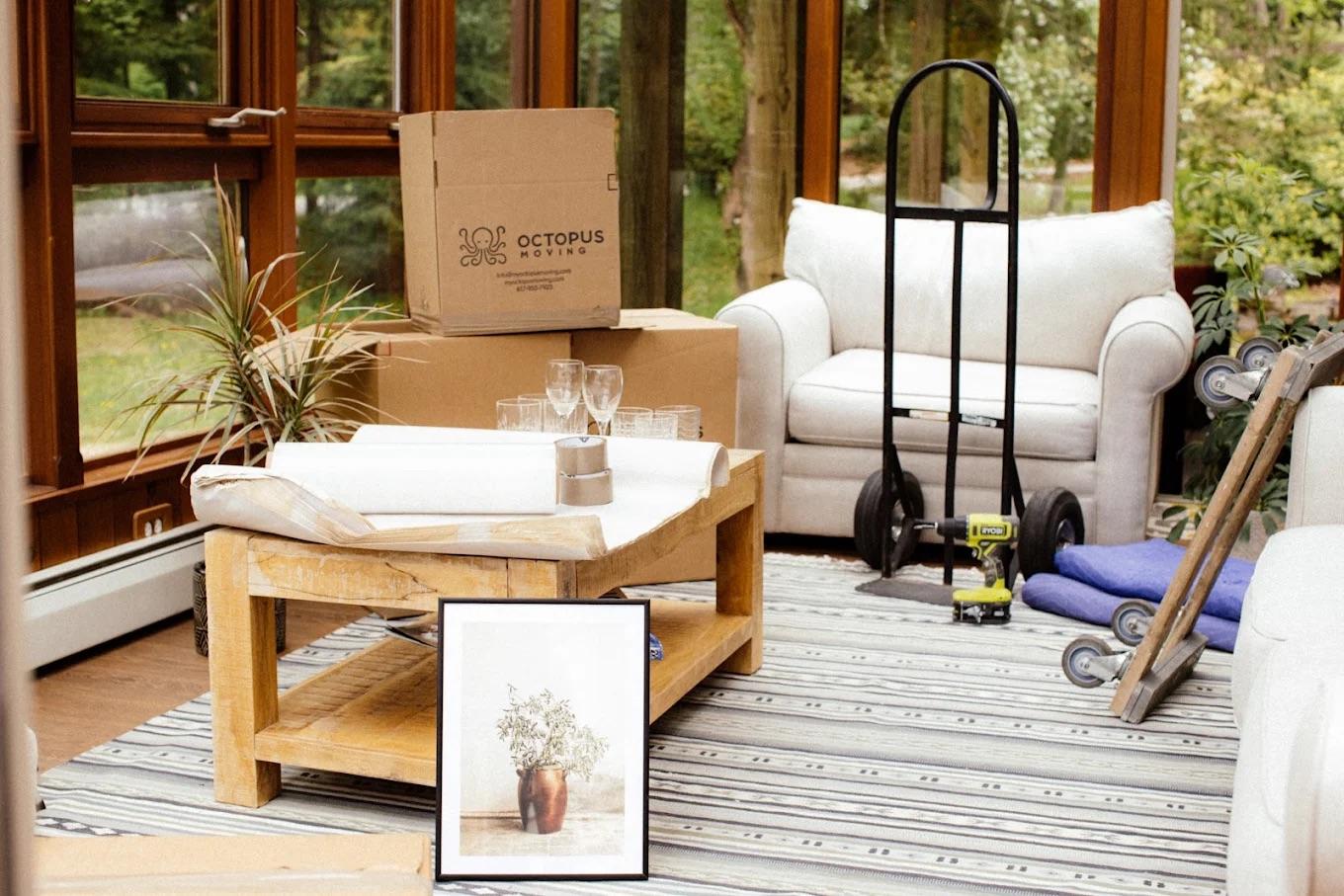 Individual reading moving company reviews on a smartphone in a cozy setting
