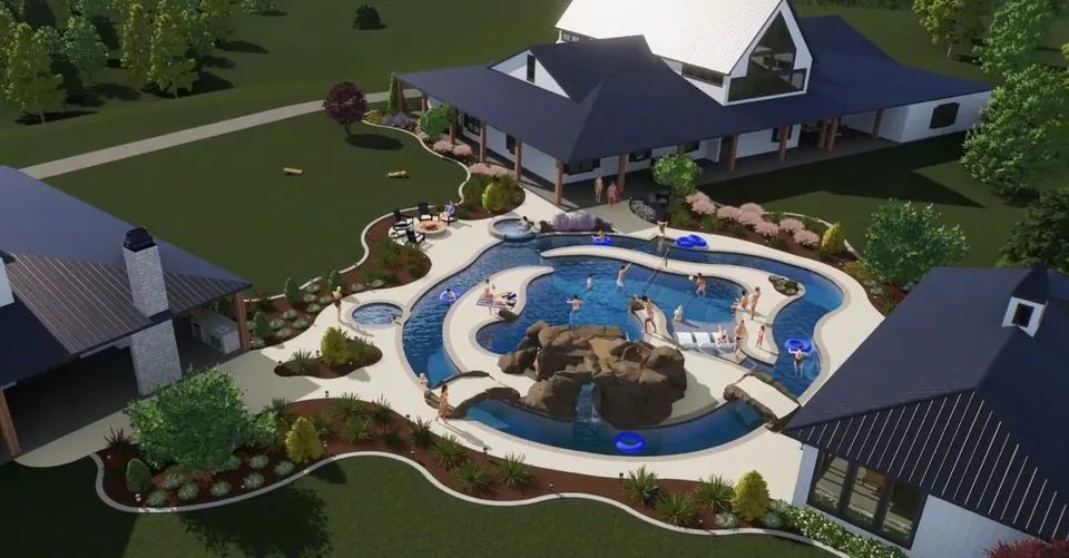 Custom backyard design in Houston with pool, outdoor kitchen, and fire pit showcasing personalized outdoor living Custom backyard design in Houston with pool, outdoor kitchen, and fire pit showcasing personalized outdoor living