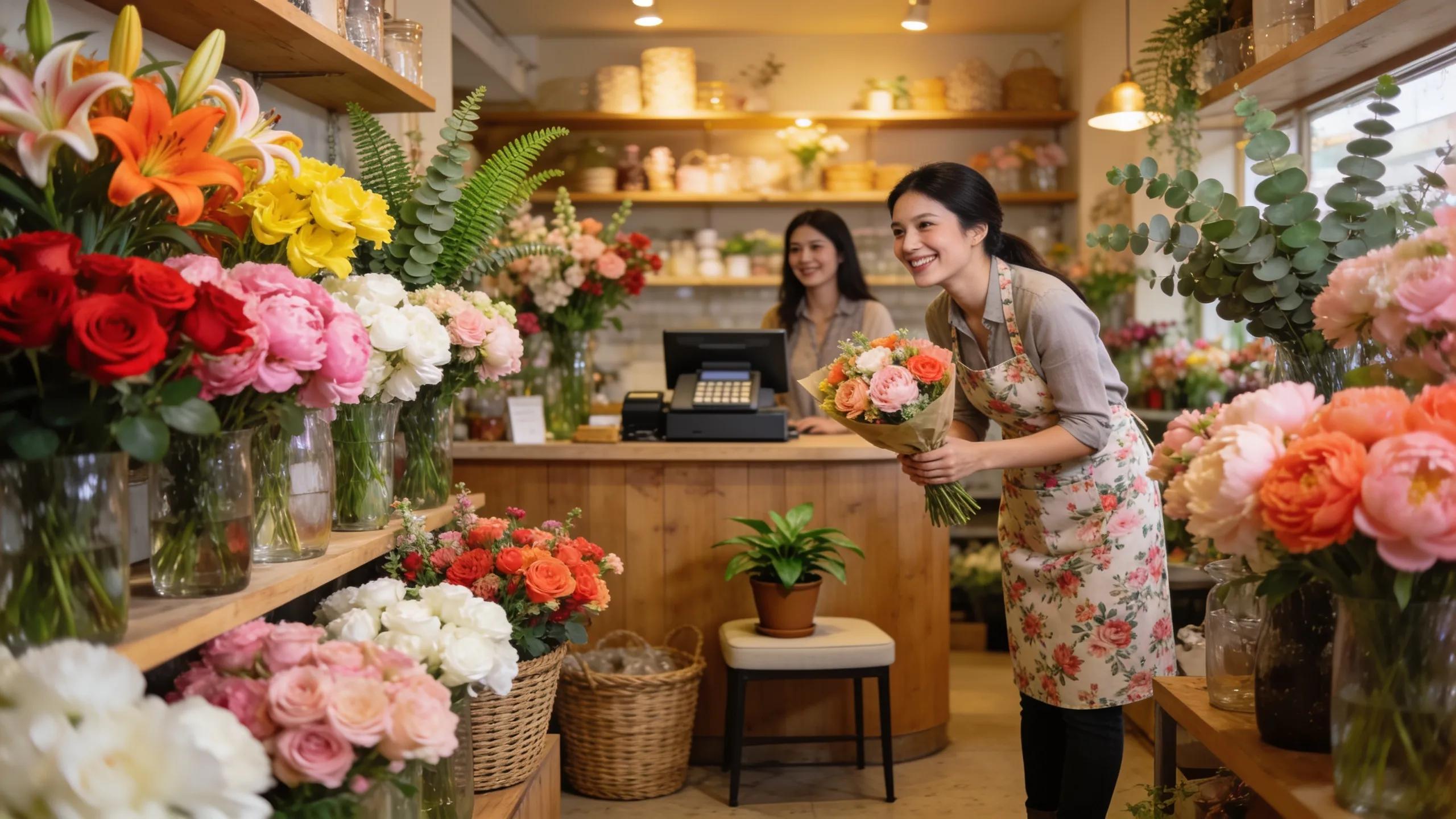 Interior of a boutique flower shop showcasing vibrant flowers and personalized service