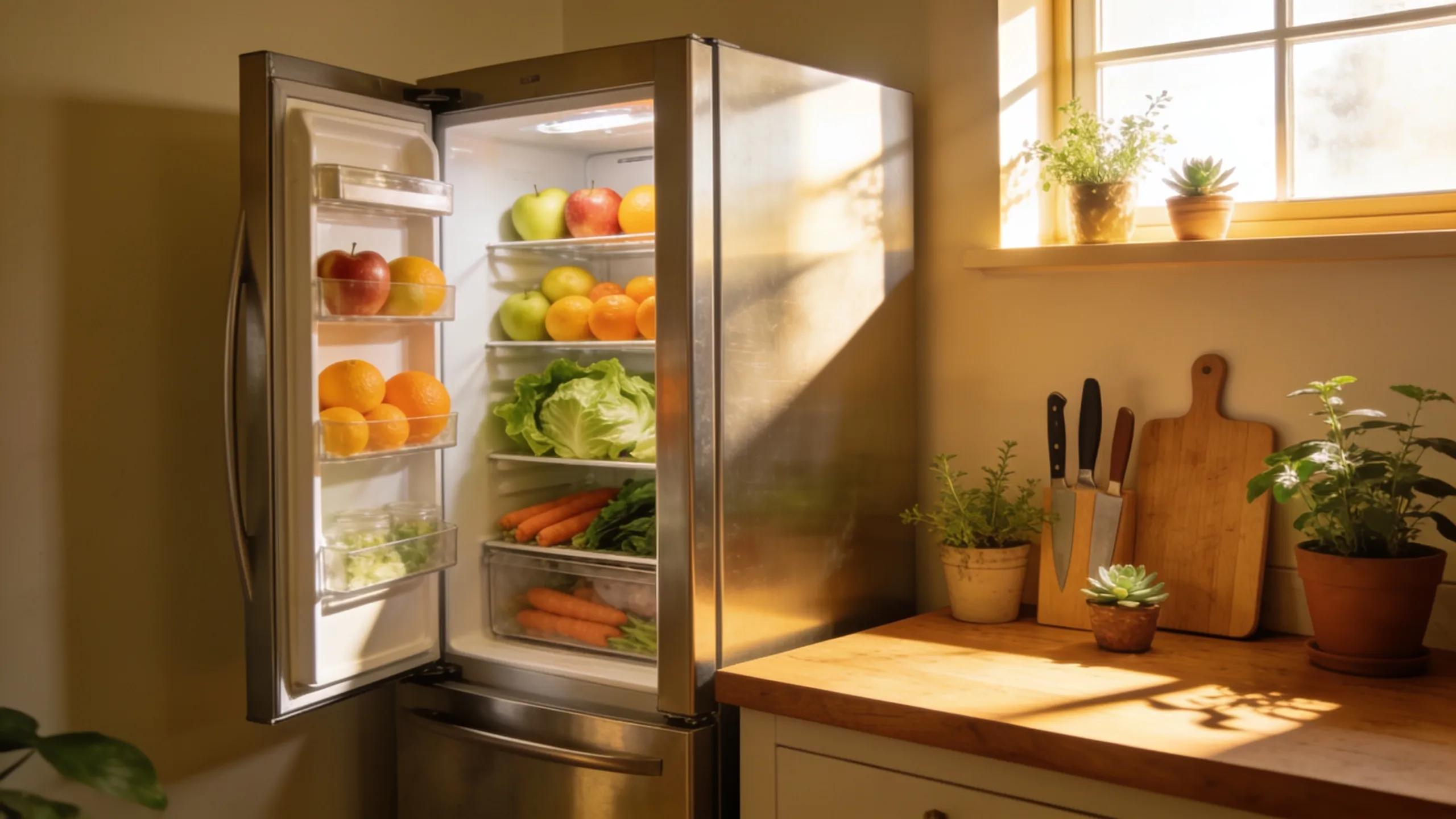 Cozy kitchen with a well-maintained refrigerator featuring fresh produce, highlighting the importance of appliance upkeep