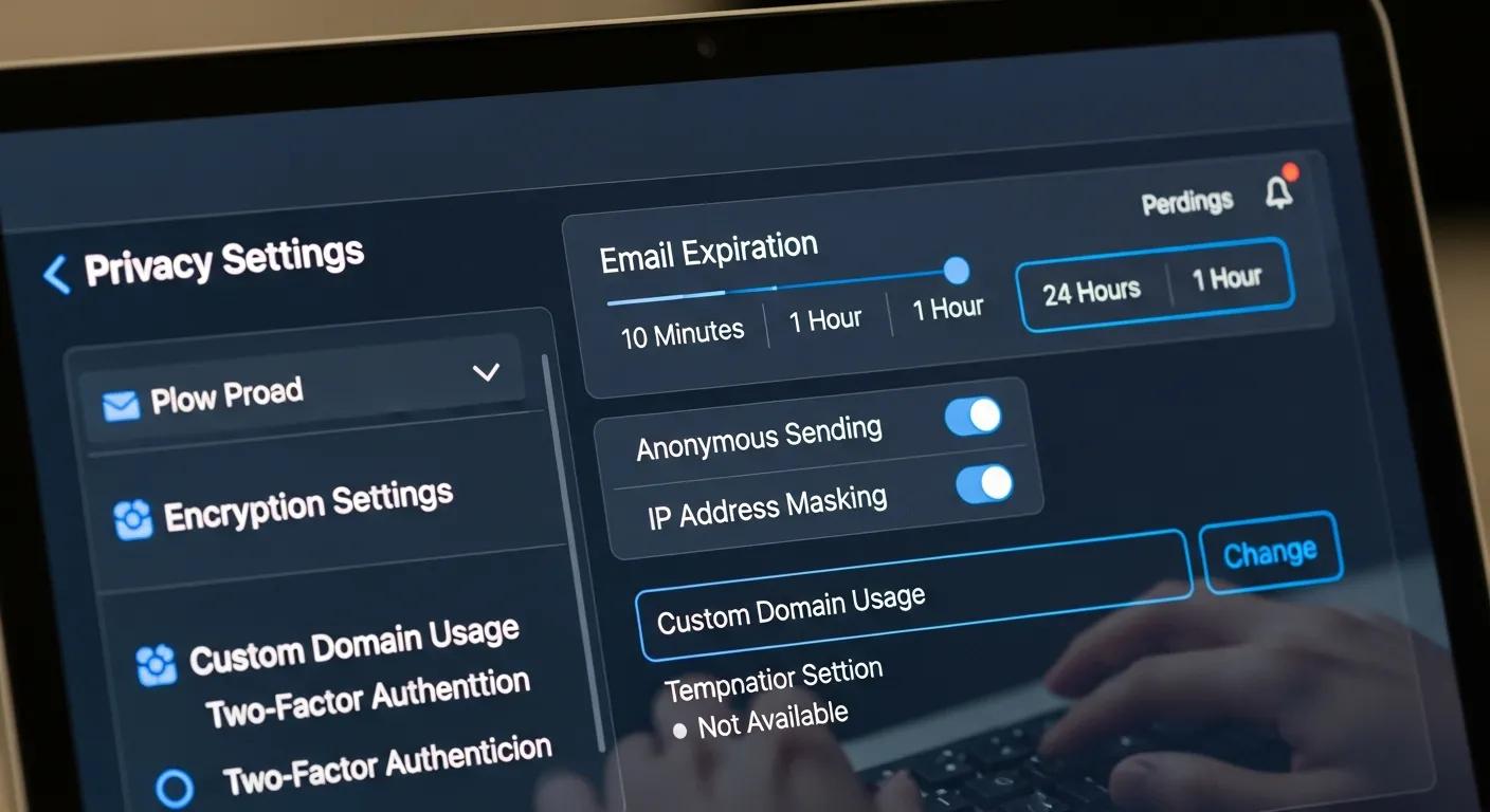 Close-up of a screen showing security settings for a temporary email service, highlighting privacy controls