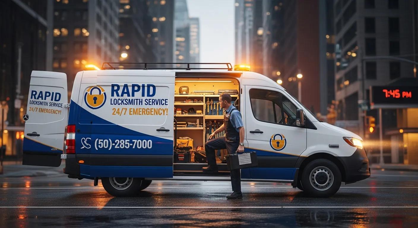Mobile locksmith van ready to assist in an urban environment, emphasizing quick response times