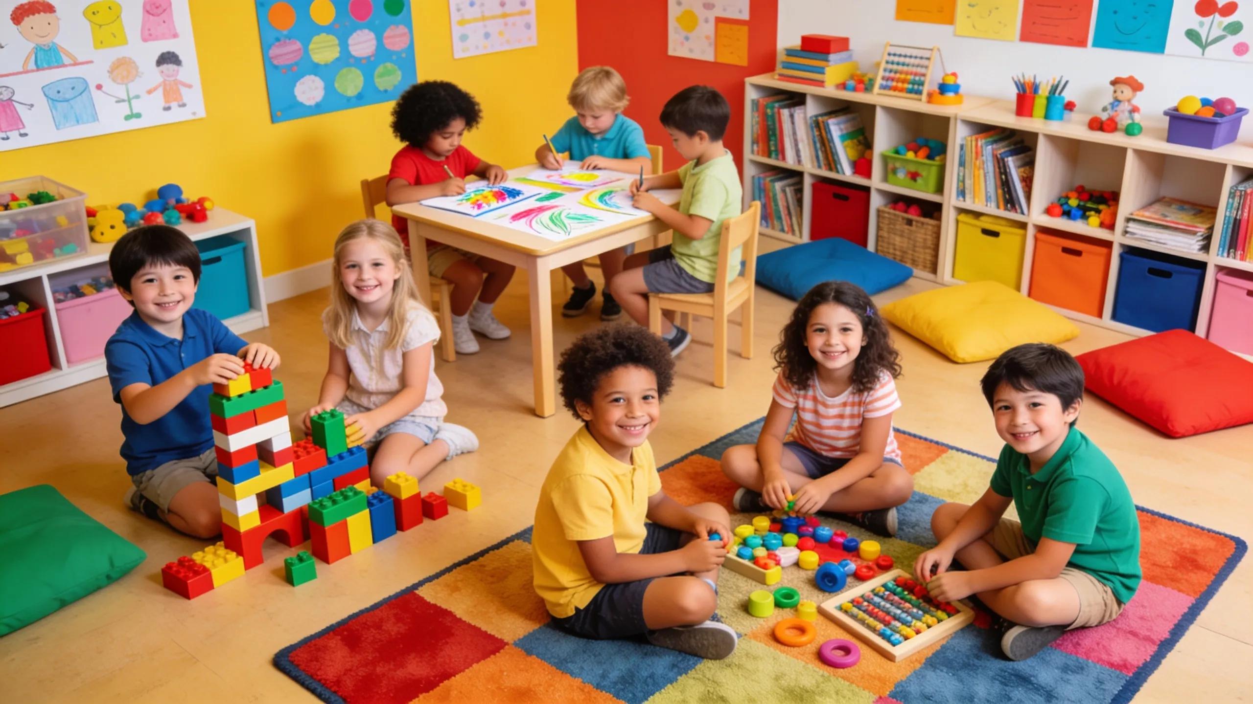 Children engaged in play-based learning activities in a colorful preschool classroom
