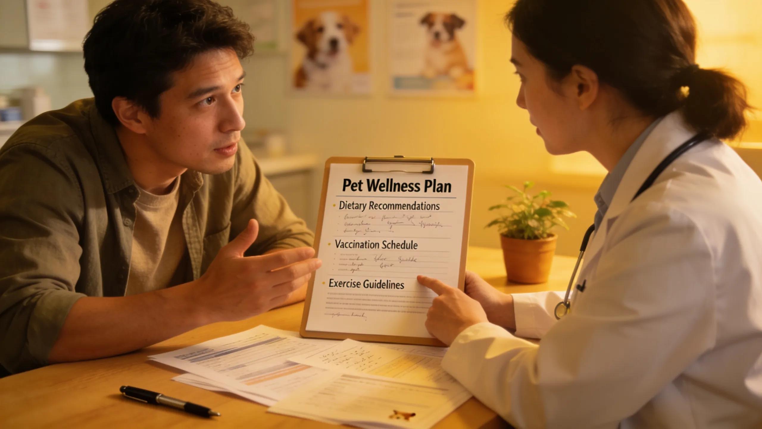 Veterinarian and pet owner discussing a personalized wellness plan in a veterinary office