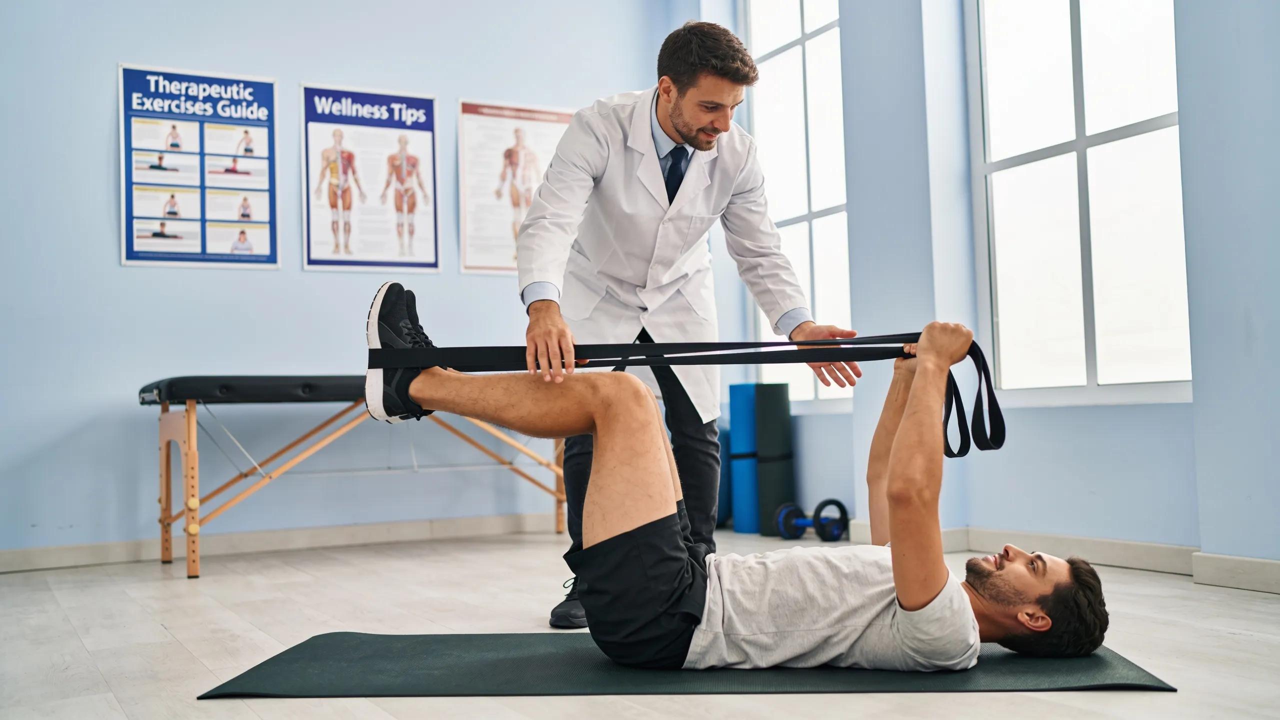 Chiropractor assisting a patient in treatment for back pain in a welcoming clinic setting
