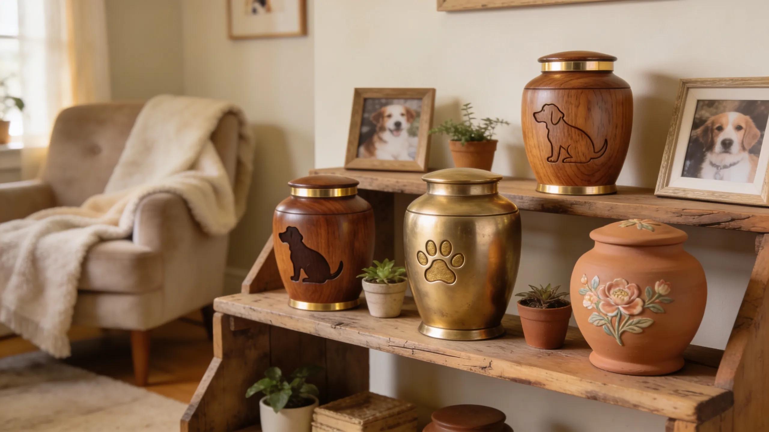 Display of various customized urns for pet memorialization, highlighting personal touches