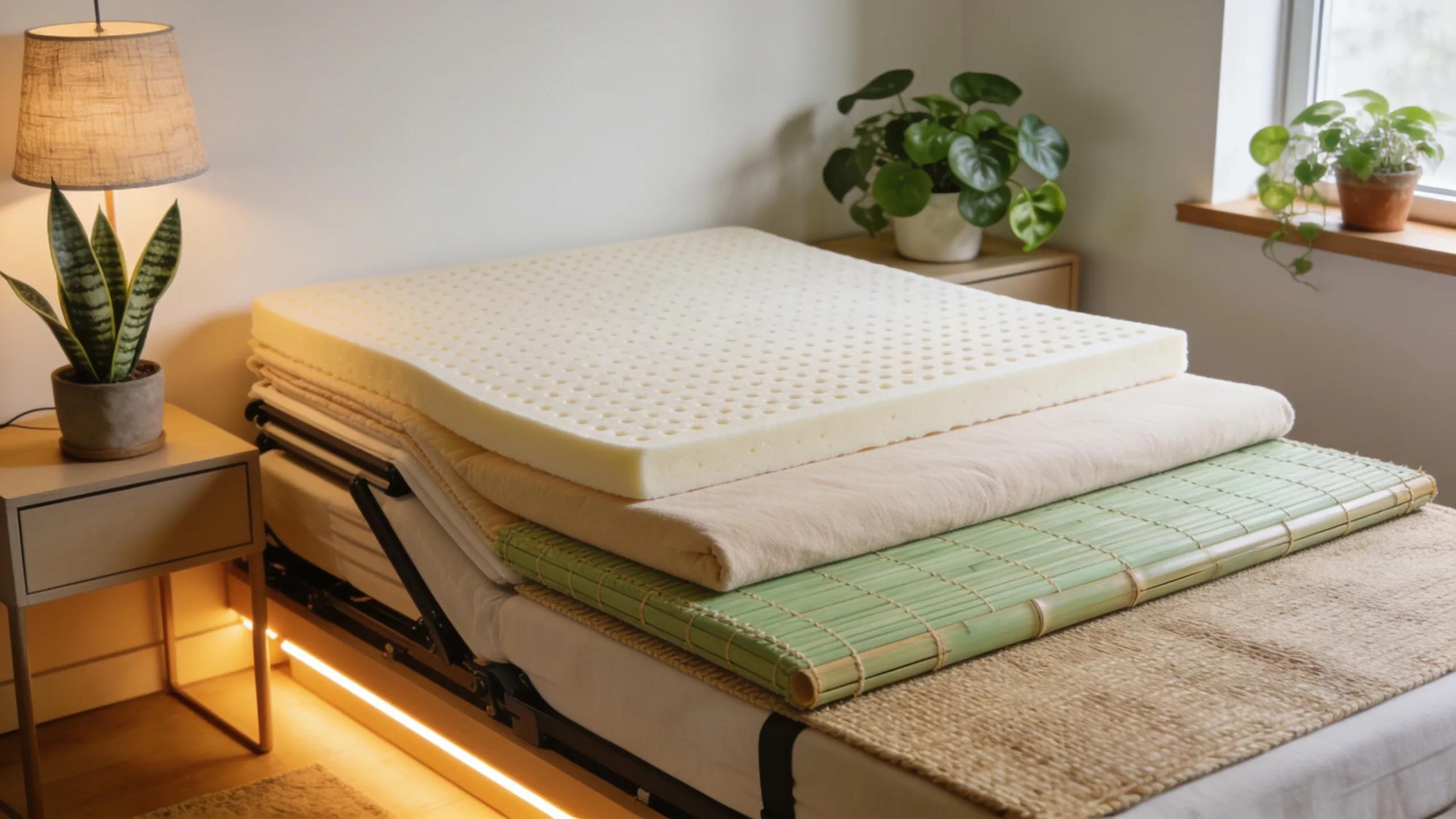 Eco-friendly mattress toppers displayed on a foldable bed, showcasing sustainable comfort options.