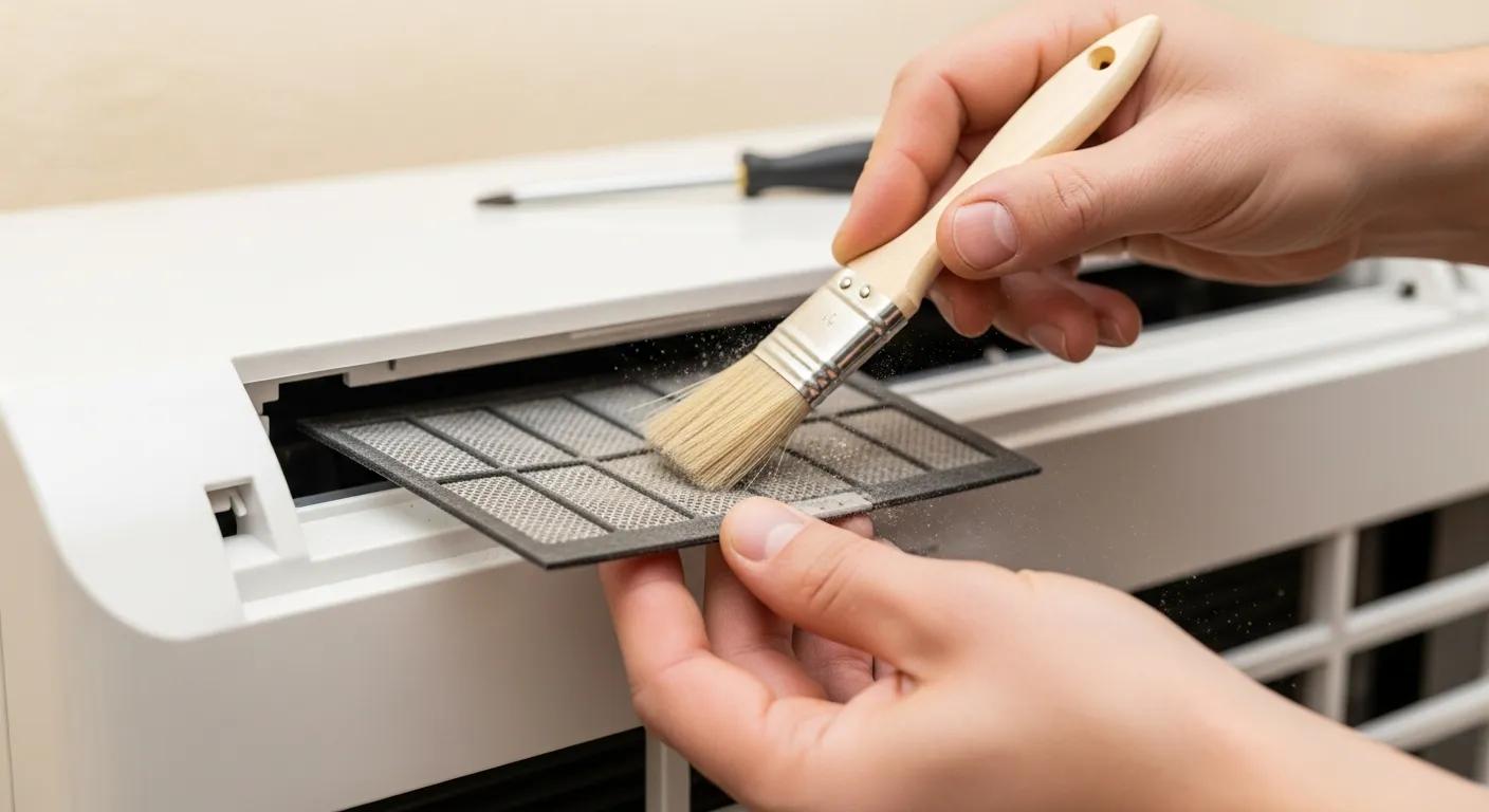 Hands removing and cleaning a Mitsubishi mini split filter with basic tools Hands removing and cleaning a Mitsubishi mini split filter with basic tools