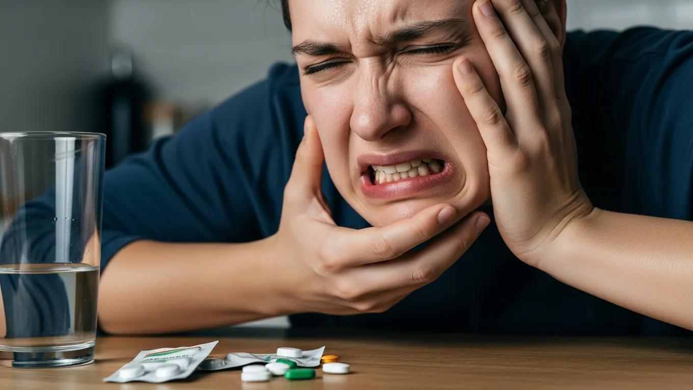 Person experiencing severe tooth pain, holding their jaw, with a glass of water and various pain relief medications on a table, illustrating a dental emergency situation.