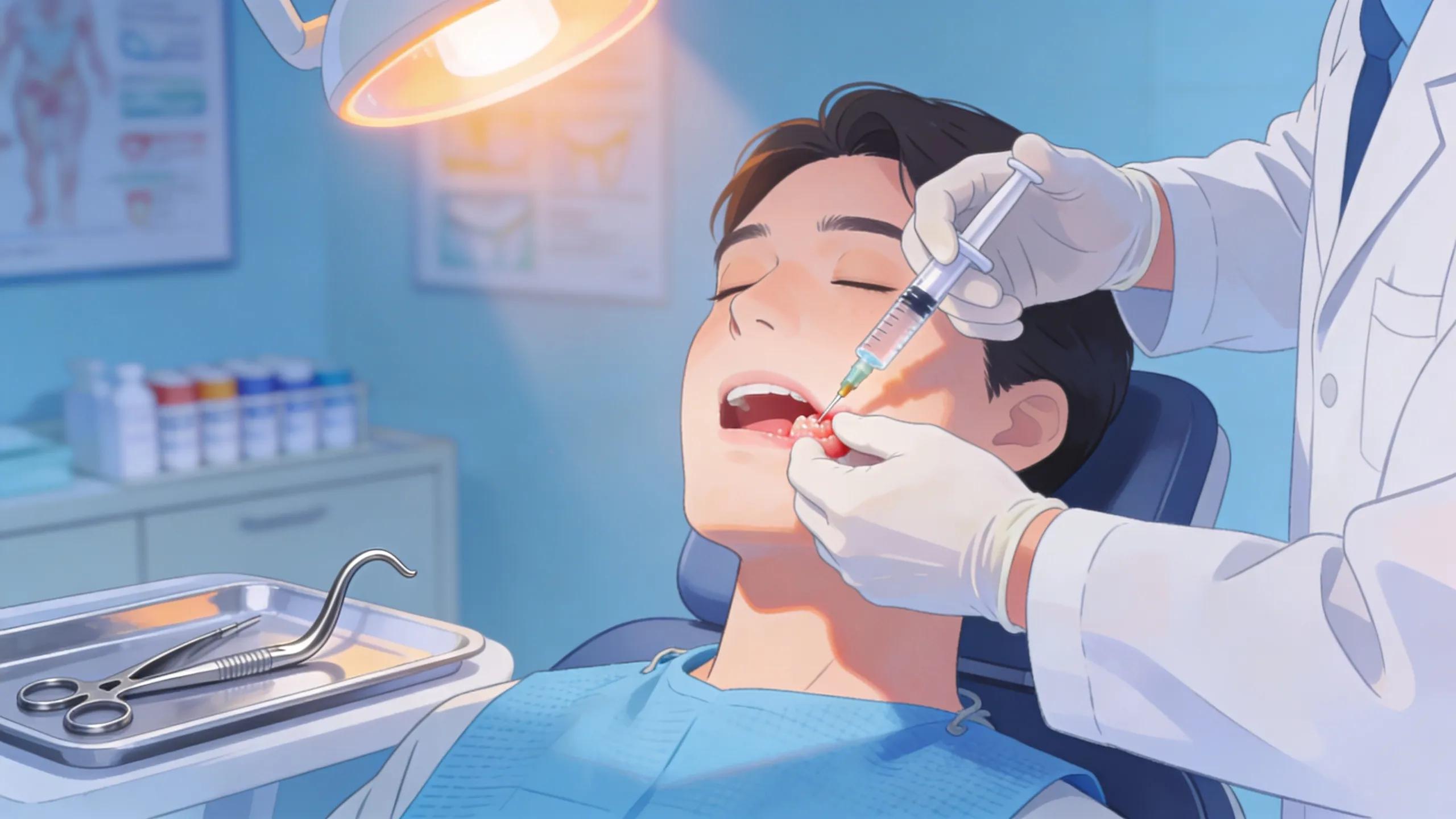 Step-by-step tooth extraction process highlighting anesthesia administration and patient comfort at a dental clinic