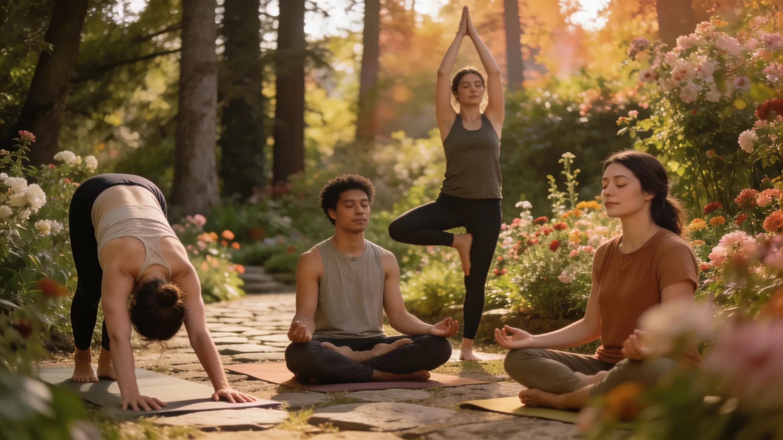 Individuals practicing mindfulness techniques such as yoga in a serene outdoor setting, highlighting the integration of mental well-being in injury recovery.