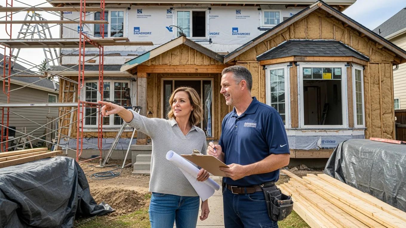 Homeowner discussing project with licensed general contractor in front of renovation