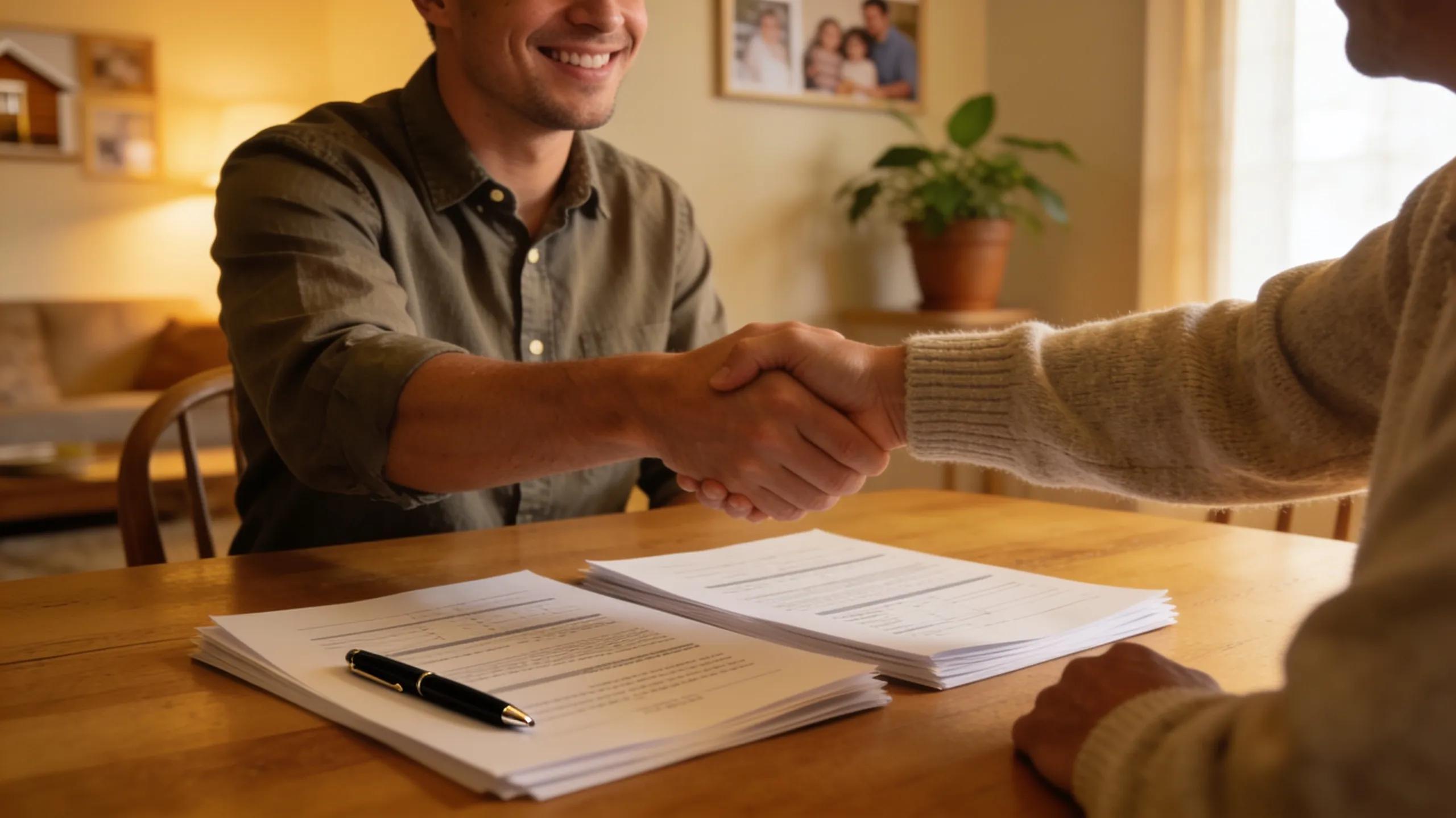 Homeowner and cash buyer shaking hands over property documents