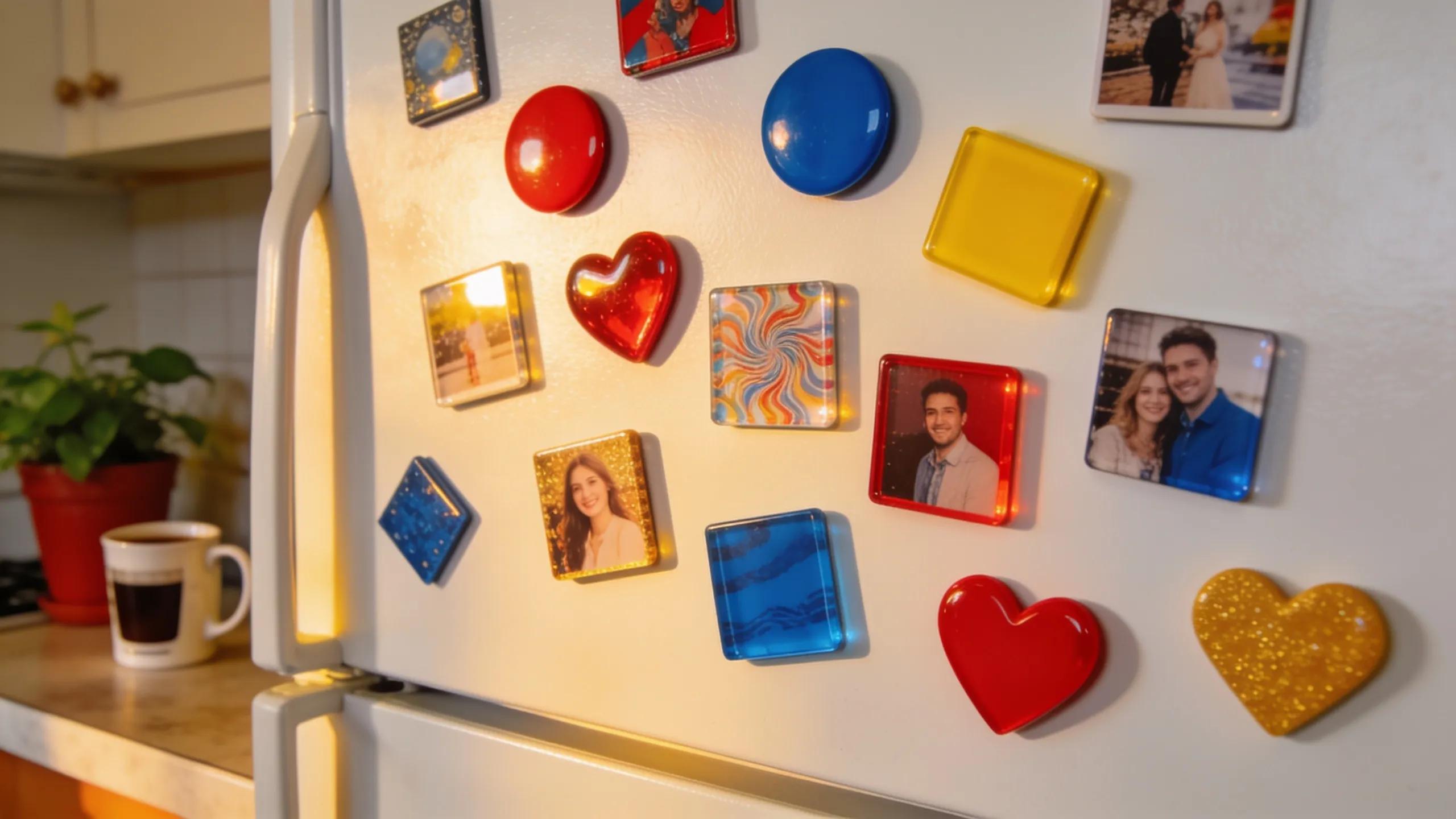 Colorful custom fridge magnets on a refrigerator showcasing personal photos and unique designs