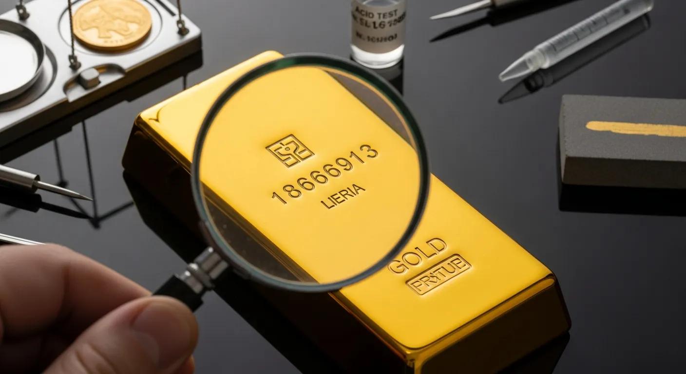 Close-up of a gold bar under inspection with a magnifier — methods to verify authenticity