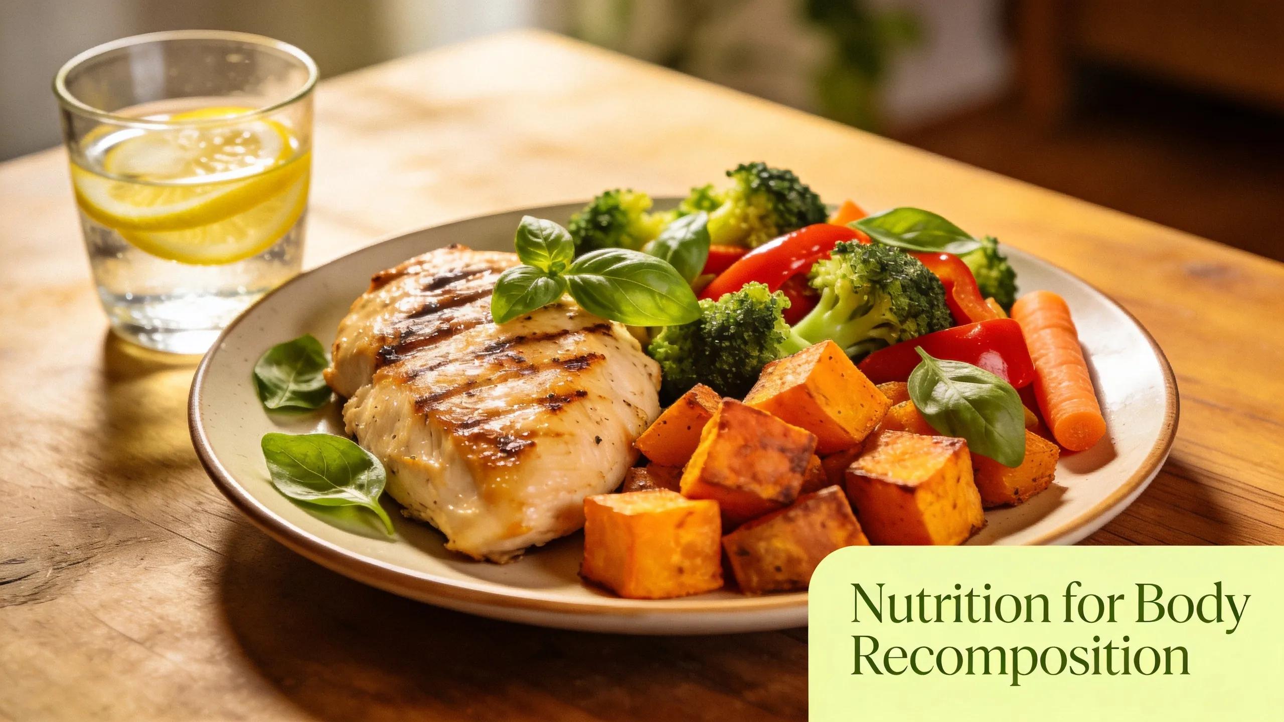 Vibrant plate of healthy foods emphasizing nutrition for body recomposition
