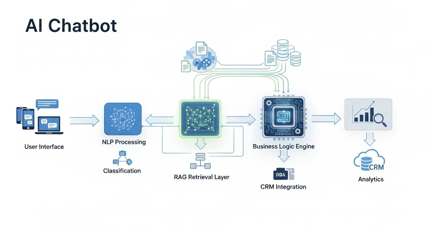 Design an AI chatbot architecture diagram with components: user interface, NLP processing, intent classification, RAG retrieval layer, business logic engine, CRM integration, analytics. Use a tech consulting aesthetic suitable for a corporate website. Design an AI chatbot architecture diagram with components: user interface, NLP processing, intent classification, RAG retrieval layer, business logic engine, CRM integration, analytics. Use a tech consulting aesthetic suitable for a corporate website.