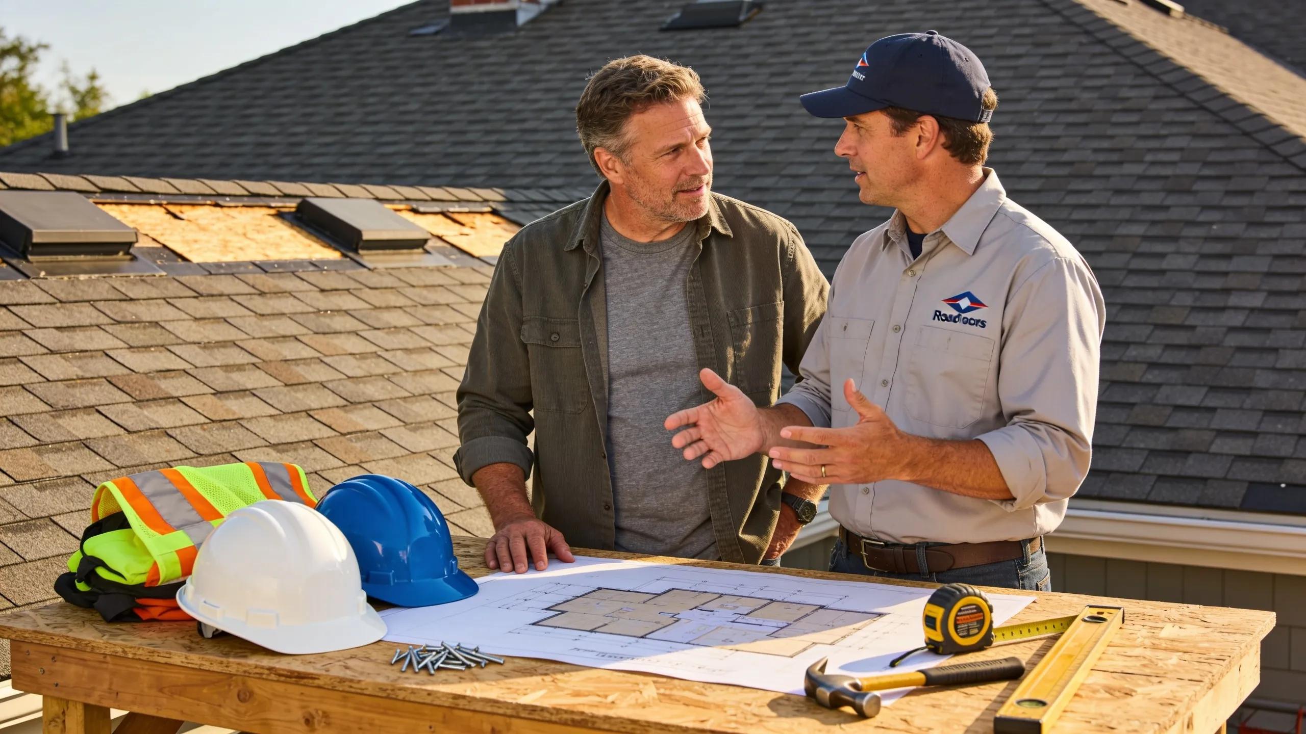 Homeowner discussing roofing options with a professional contractor at a job site