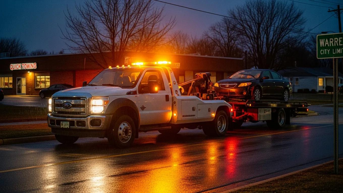 Tow truck responding to an emergency in Warren, MI, highlighting quick towing services