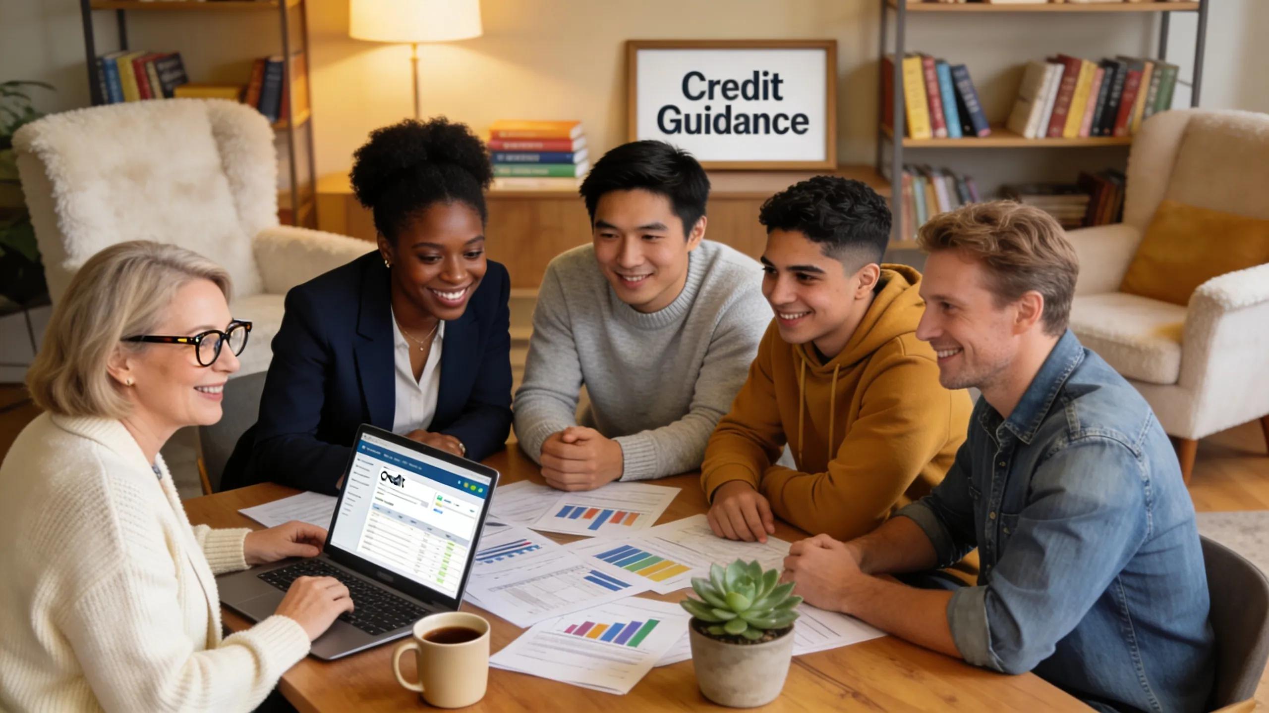Diverse homebuyers consulting a local credit coach in a warm office setting