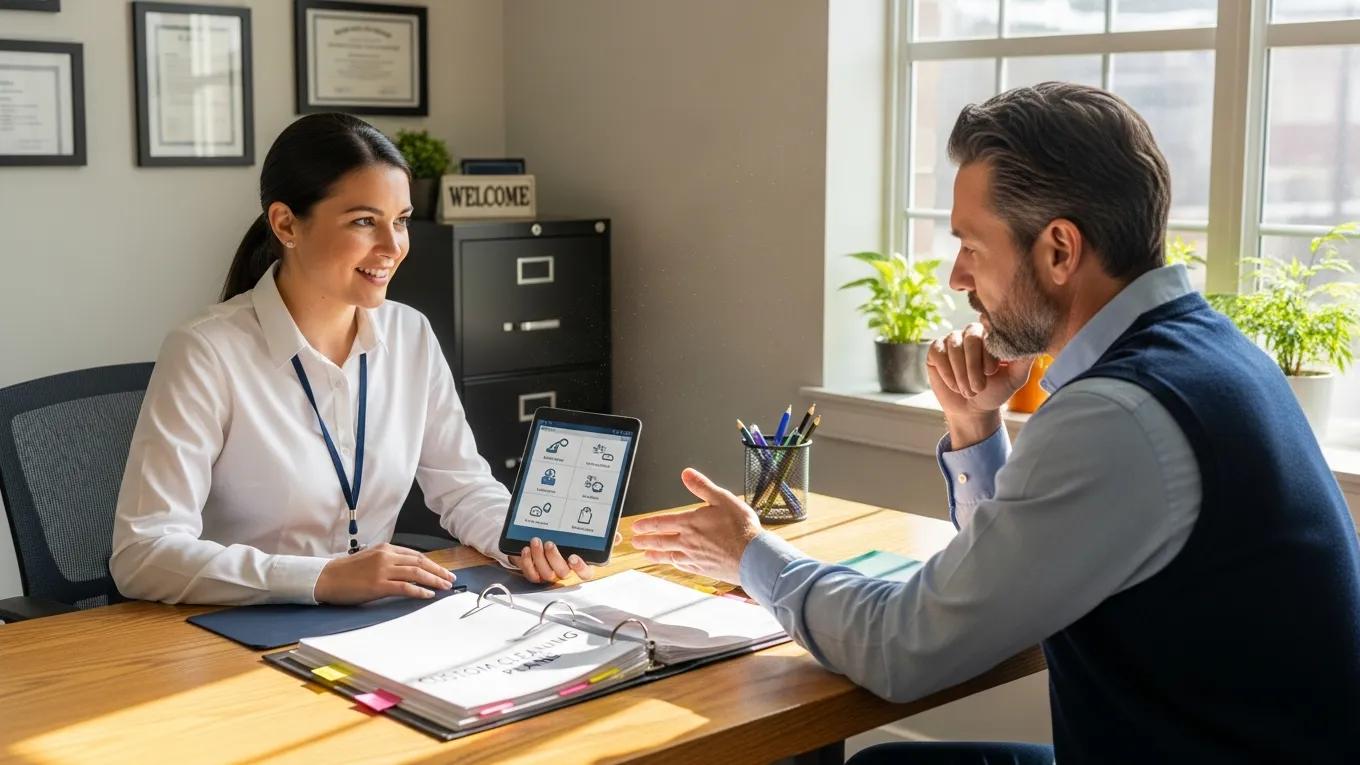 Landlord discussing customizable cleaning plans with a professional service representative