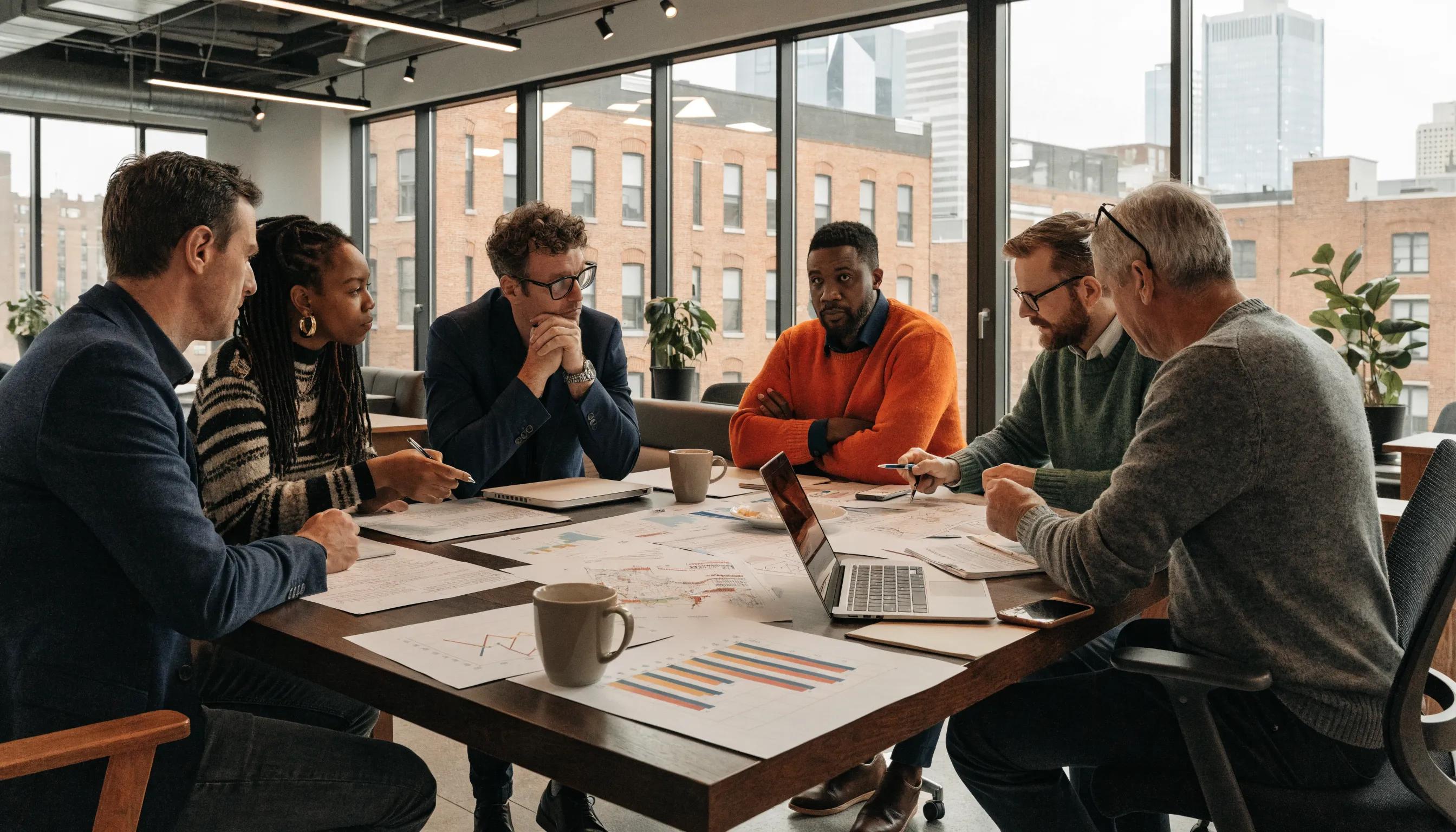 Investors reviewing a risk management plan with charts and maps