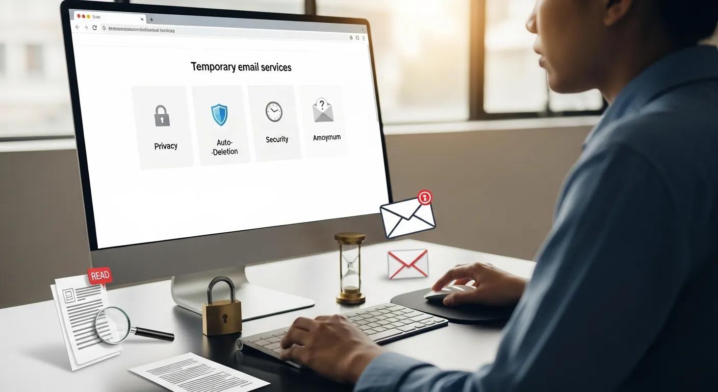 Person evaluating different temporary email solutions with visual elements representing features and privacy