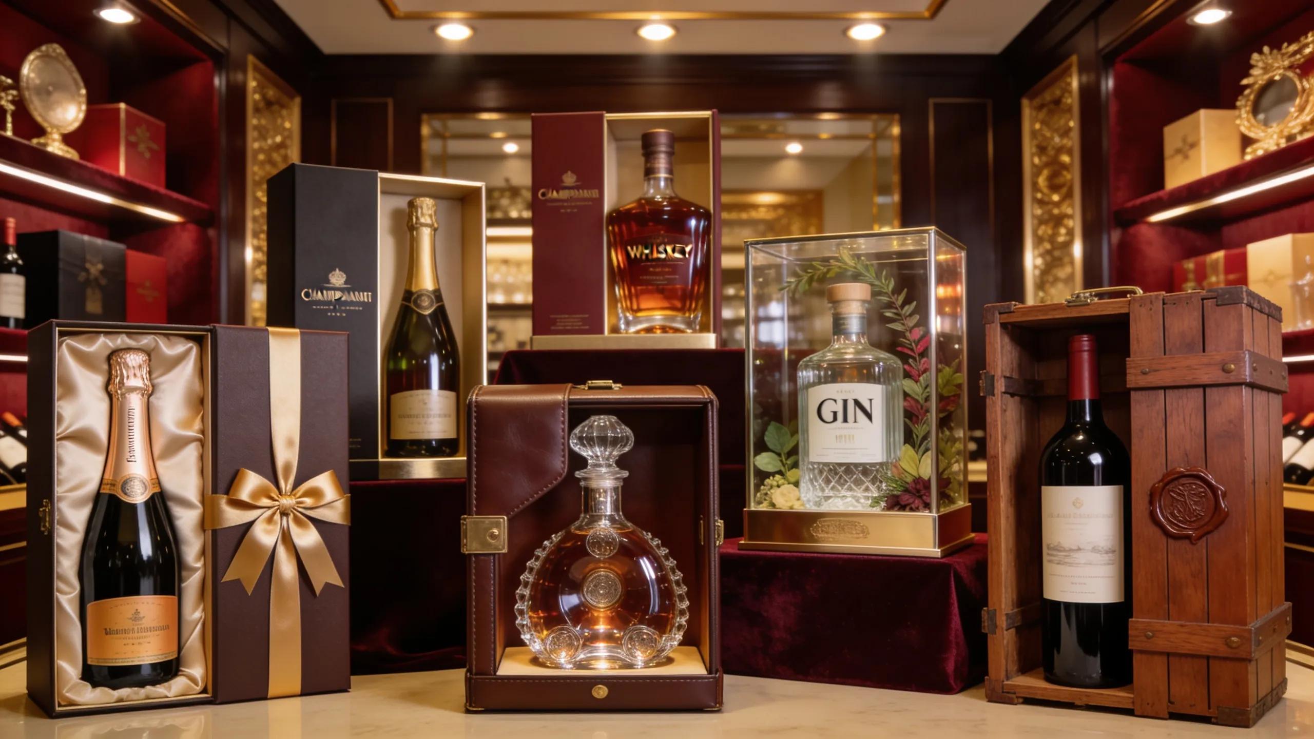 Premium alcohol gift sets displayed elegantly, including whiskey, champagne, and gin bottles