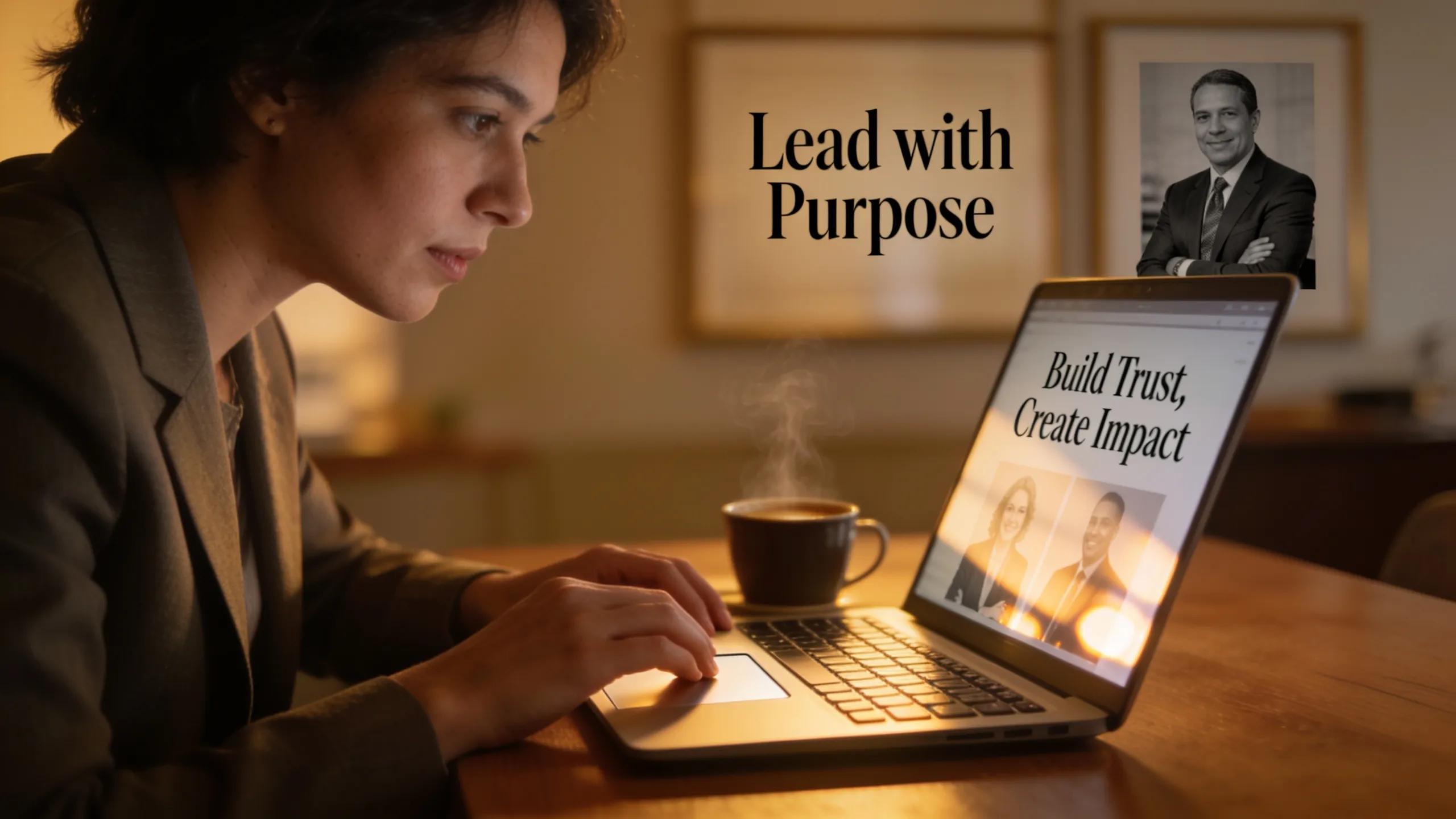 Coach reviewing digital content with inspiring decor, symbolizing online authority building