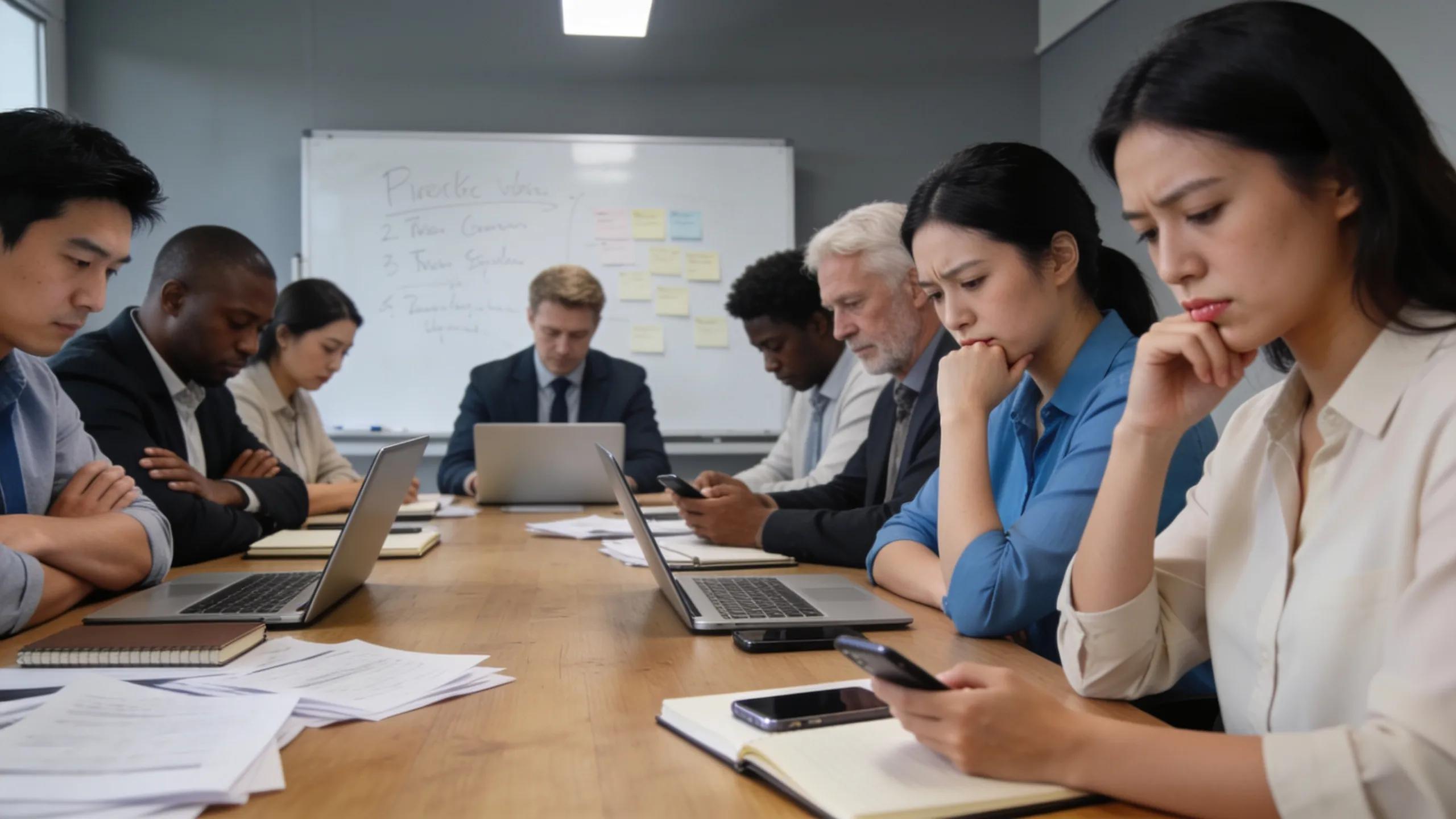 Group of diverse professionals in a meeting, illustrating widespread workplace self-doubt