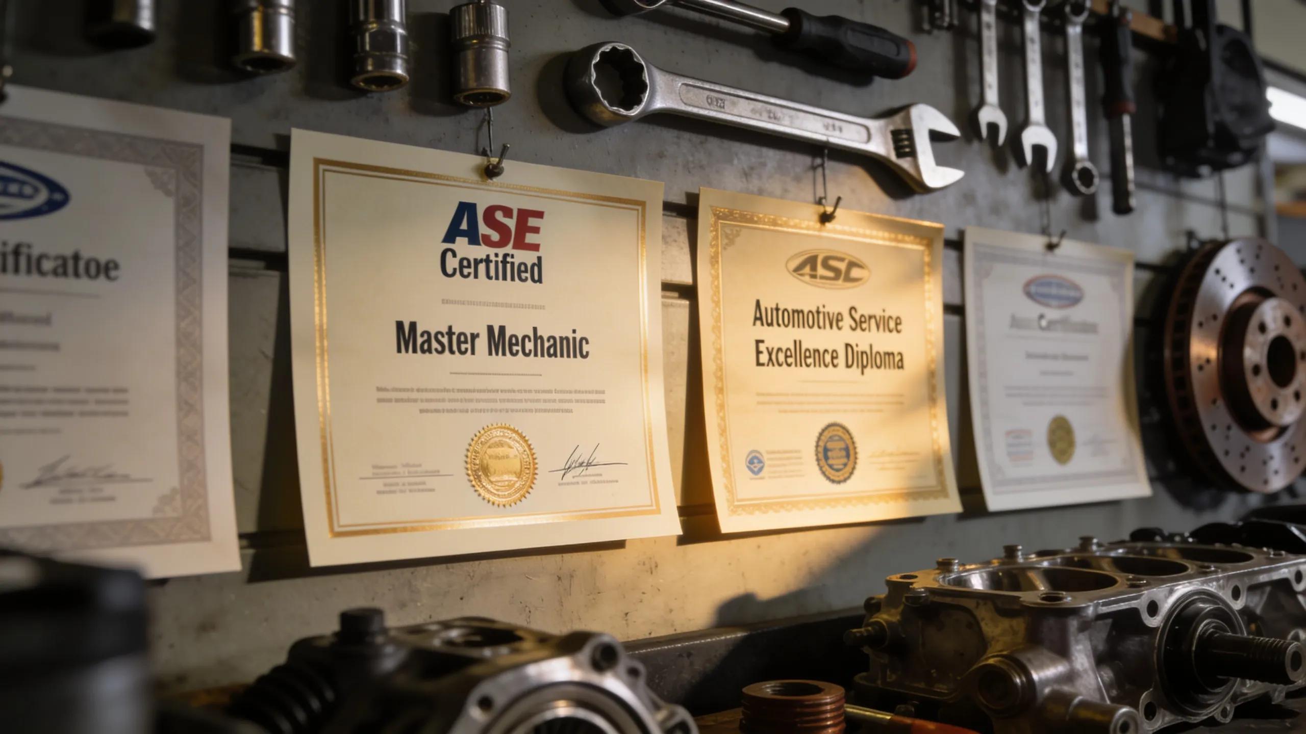 Automotive certifications showcasing a trusted mechanic's expertise and professionalism in their workshop