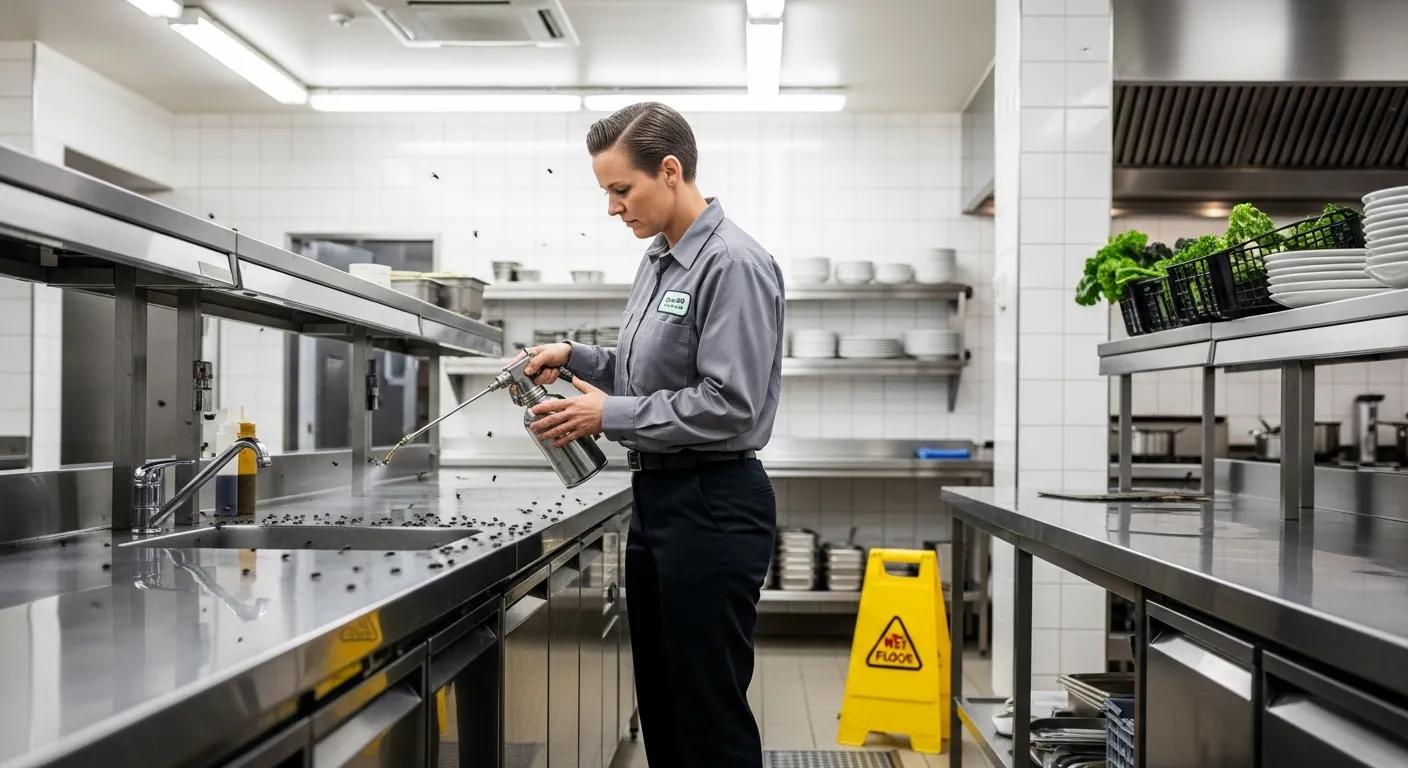 Commercial pest control professional managing fly infestations in a clean kitchen environment