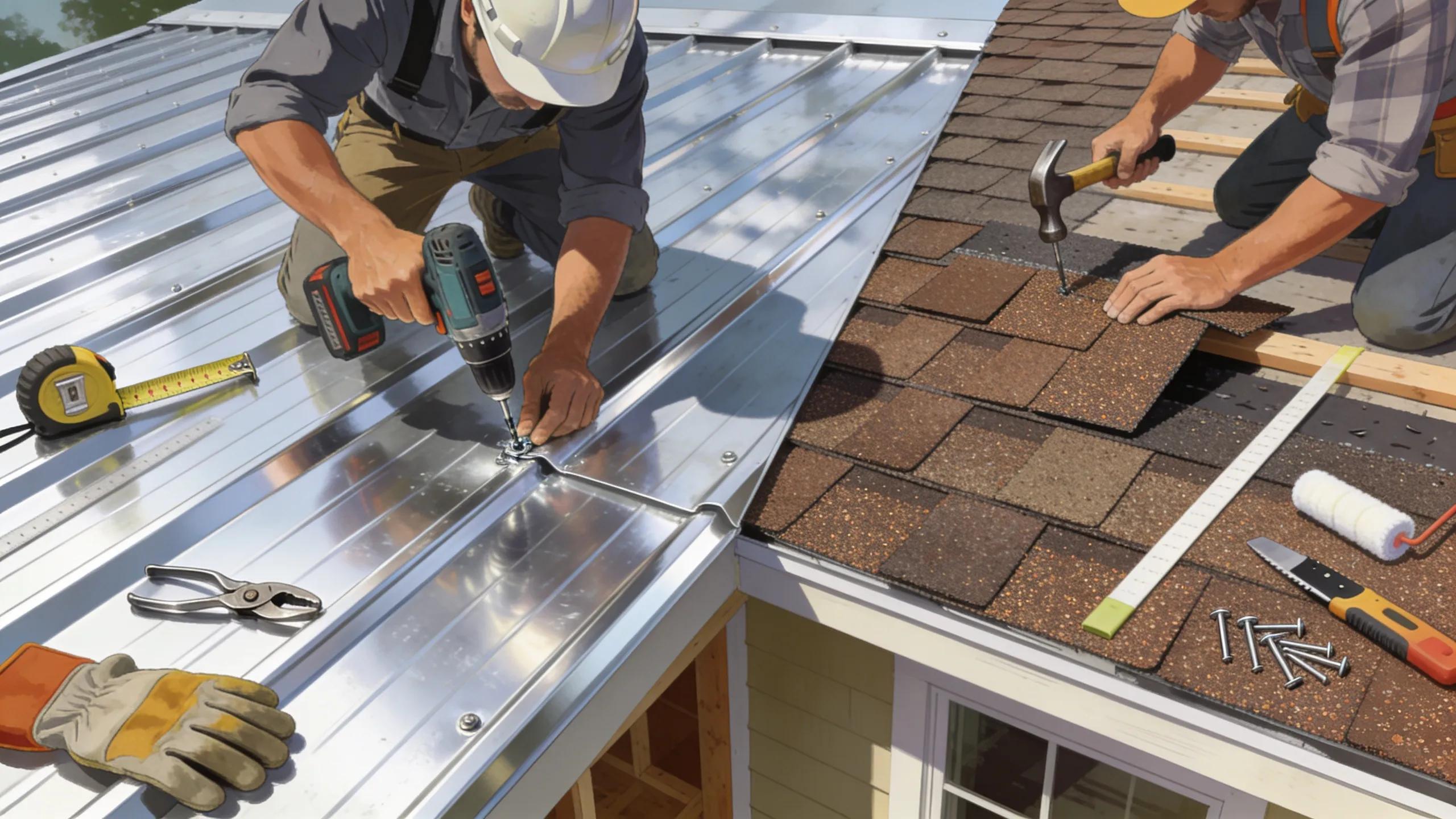 Illustration of installation cost differences between metal roofing and asphalt shingles Illustration of installation cost differences between metal roofing and asphalt shingles