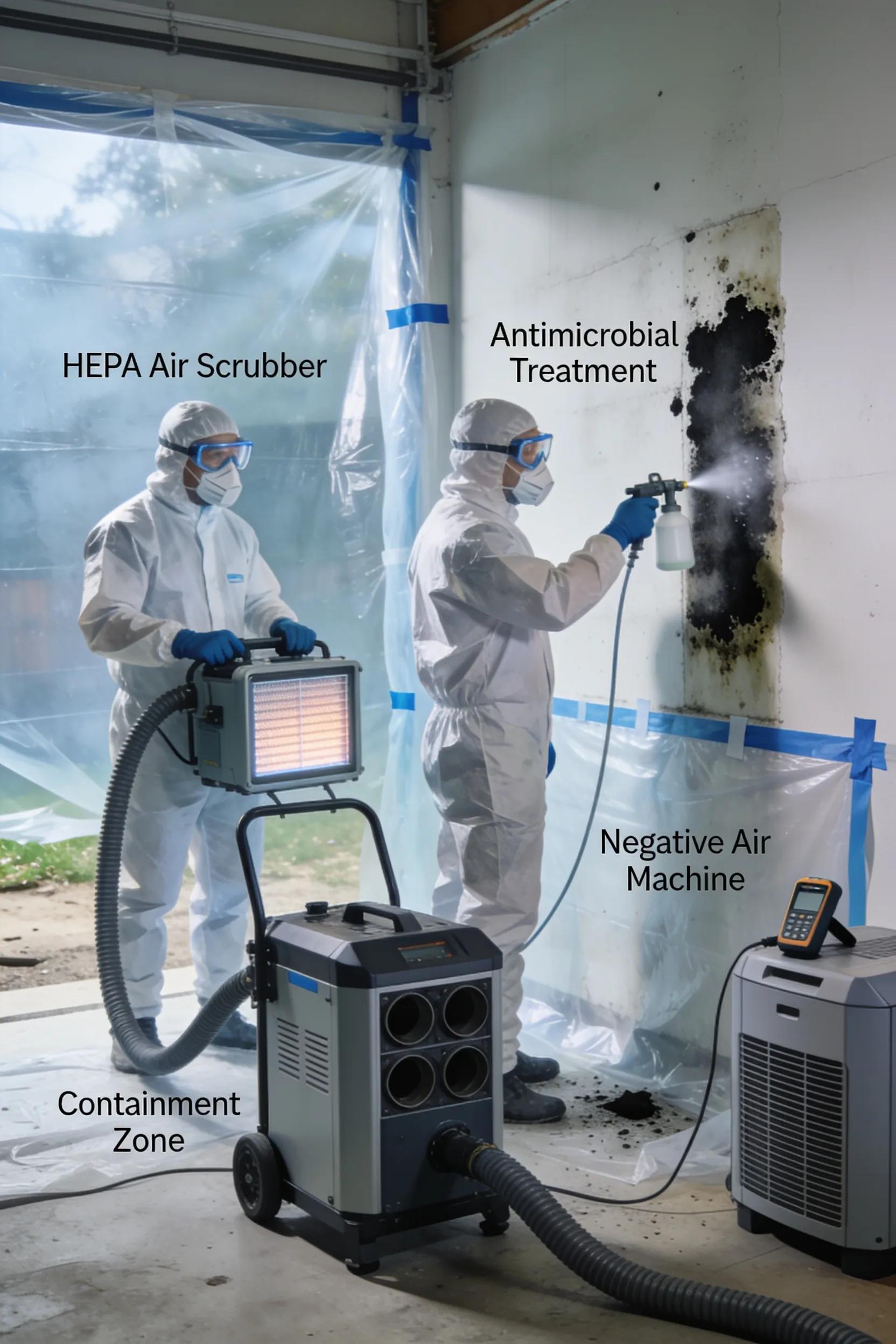 Technicians performing mold remediation on a wall with visible mold growth