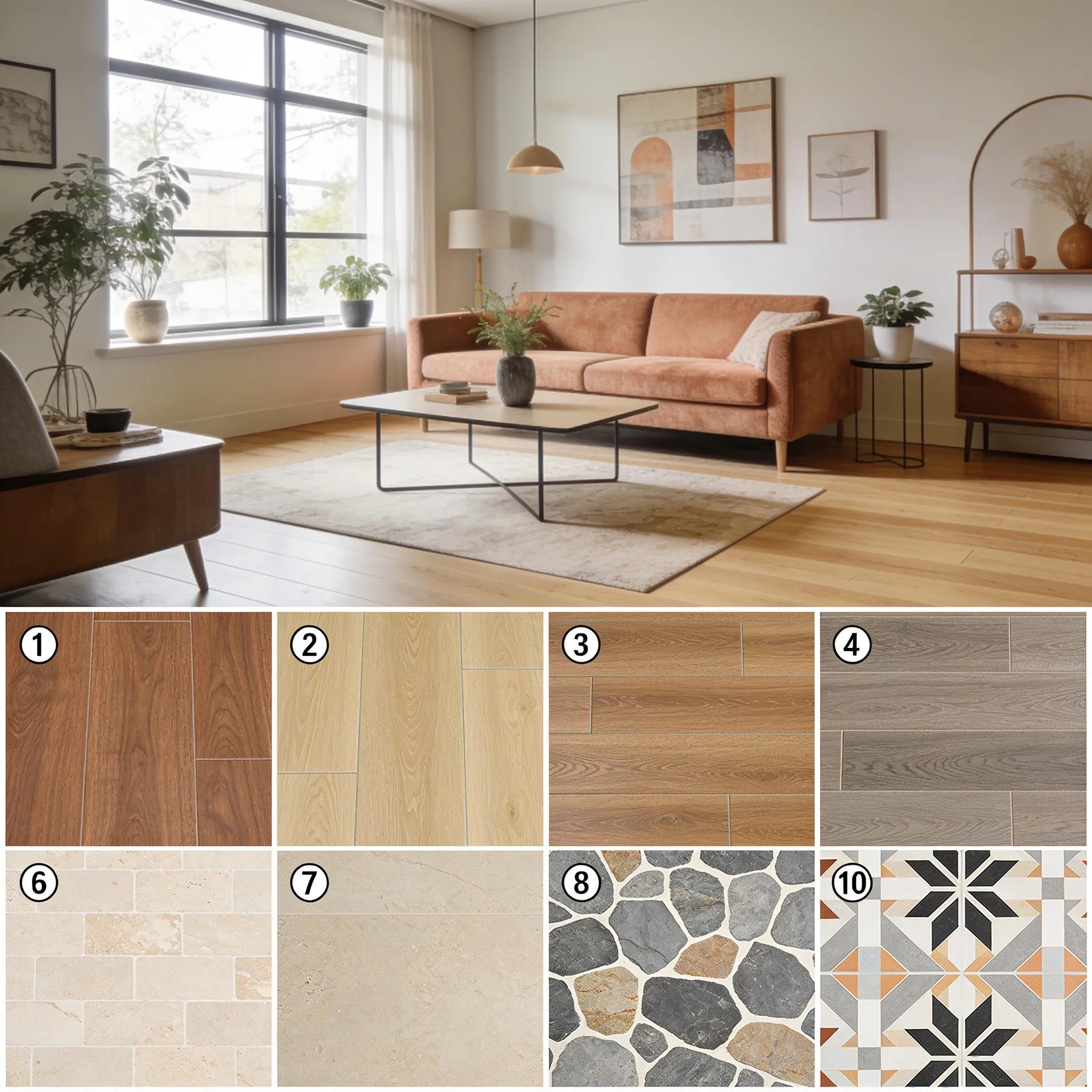 Living room styled with multiple vinyl flooring options for a warm, modern look