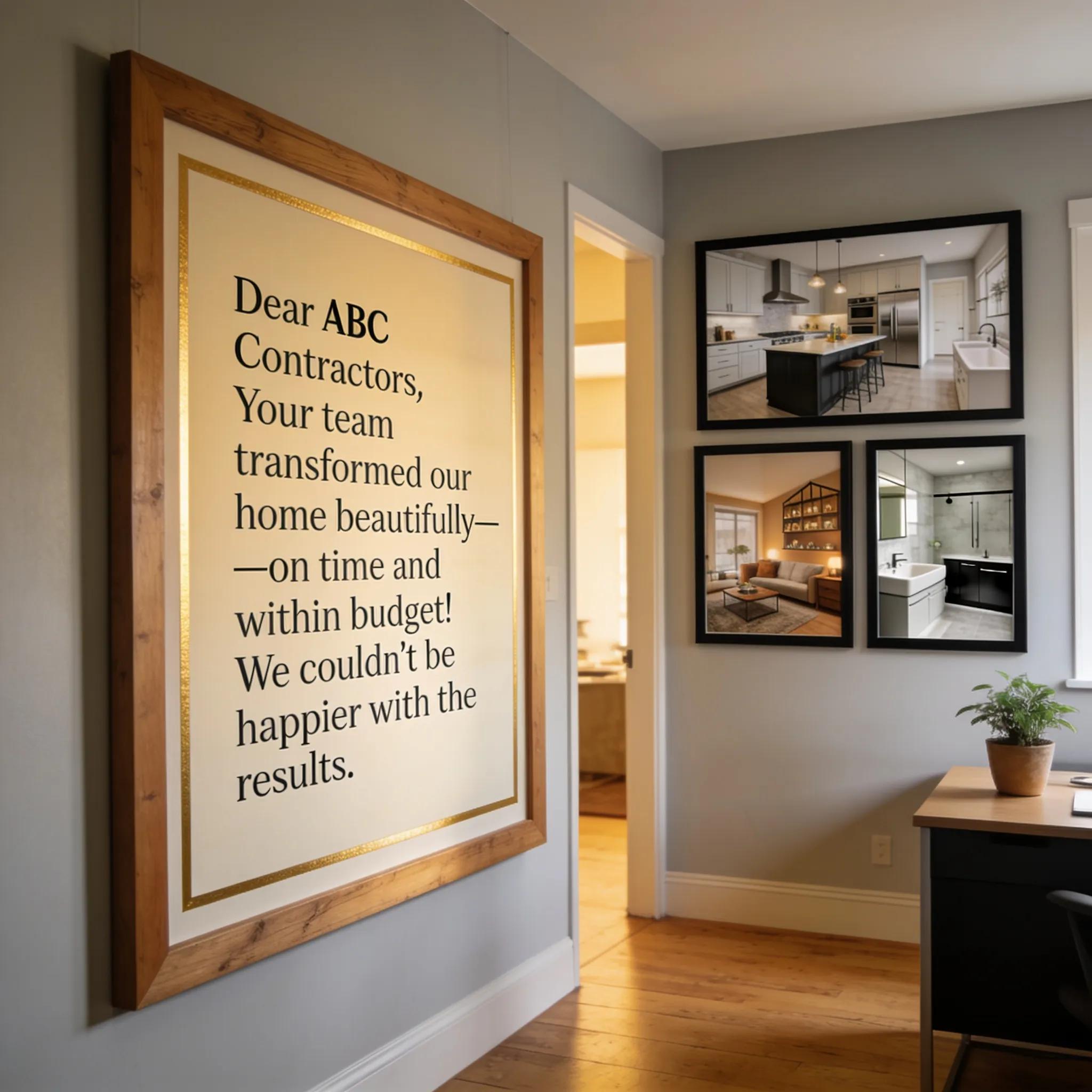 Framed client testimonial and images of completed projects in contractor's office