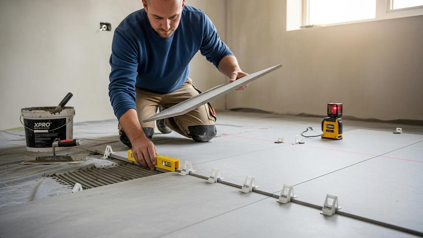 Contractor installing XPRO Leveling Wedges for tile leveling