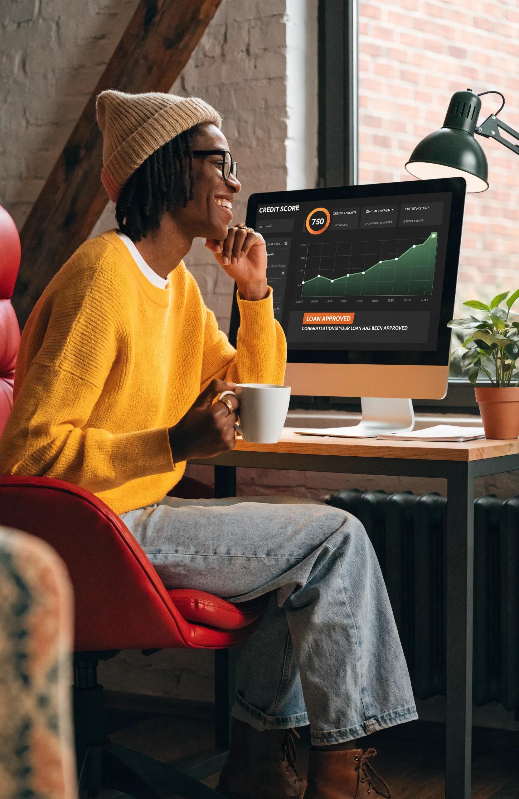 Business owner reviewing credit scores and loan notifications in a welcoming office, emphasizing credit building for loan approval